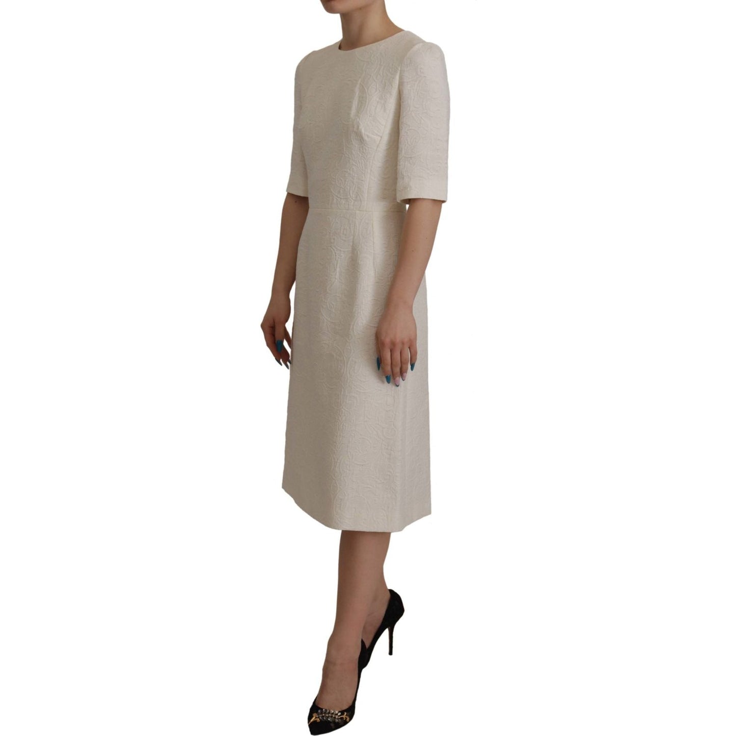 Dolce & Gabbana White Jaquard Midi Floral Sheath Brocade Dress DR28716- 38