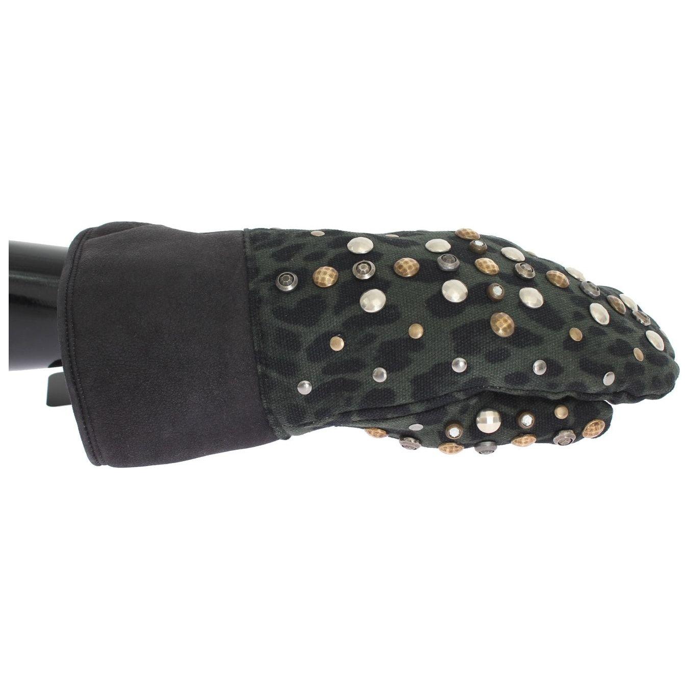 Dolce & Gabbana Gray Wool Shearling Studded Green Leopard Gloves LB129-1