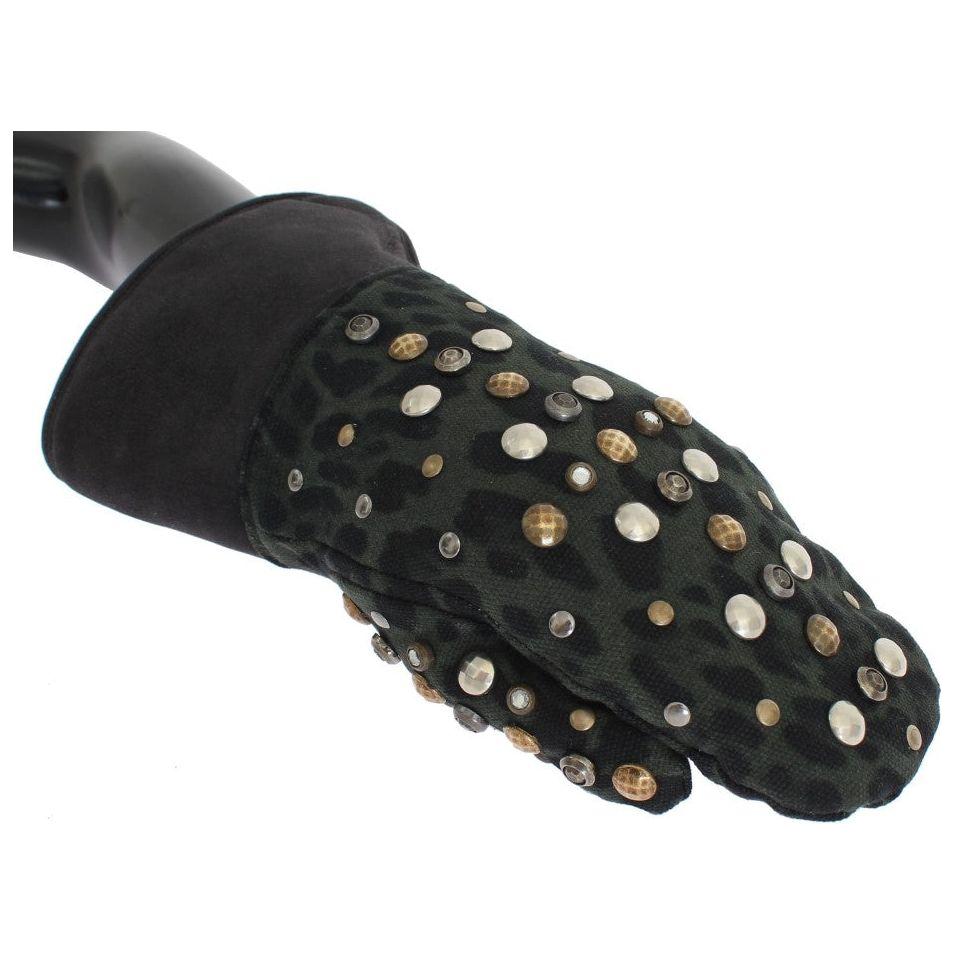 Dolce & Gabbana Gray Wool Shearling Studded Green Leopard Gloves LB129-1