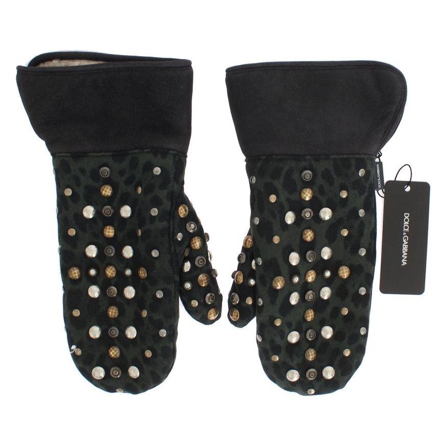 Dolce & Gabbana Gray Wool Shearling Studded Green Leopard Gloves LB129-1