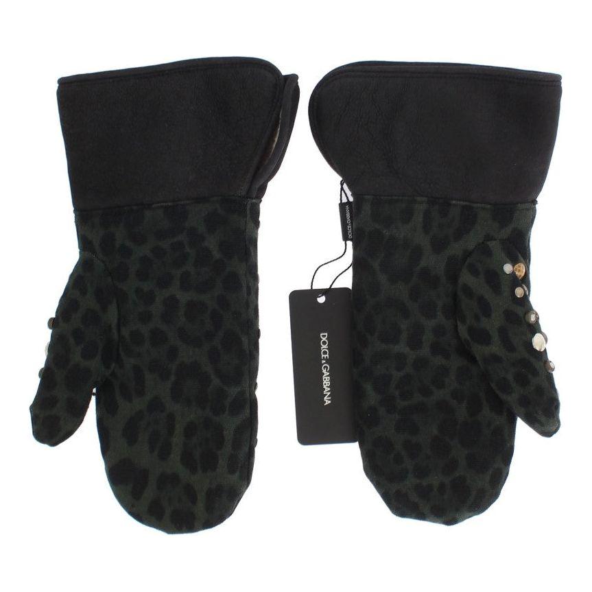 Dolce & Gabbana Gray Wool Shearling Studded Green Leopard Gloves LB129-1