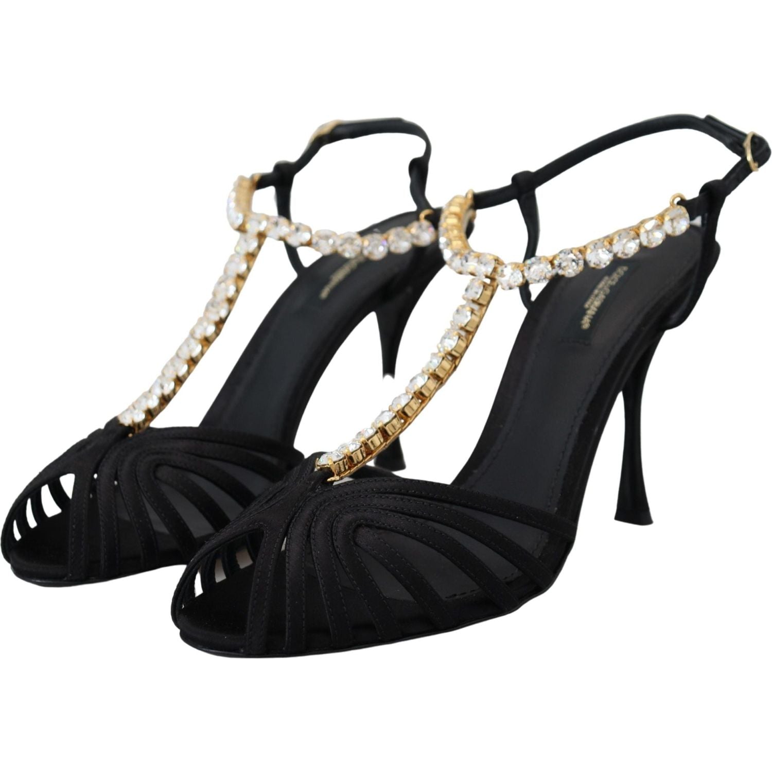 Dolce & Gabbana Black Satin Clear Crystal T-strap Sandal Shoes