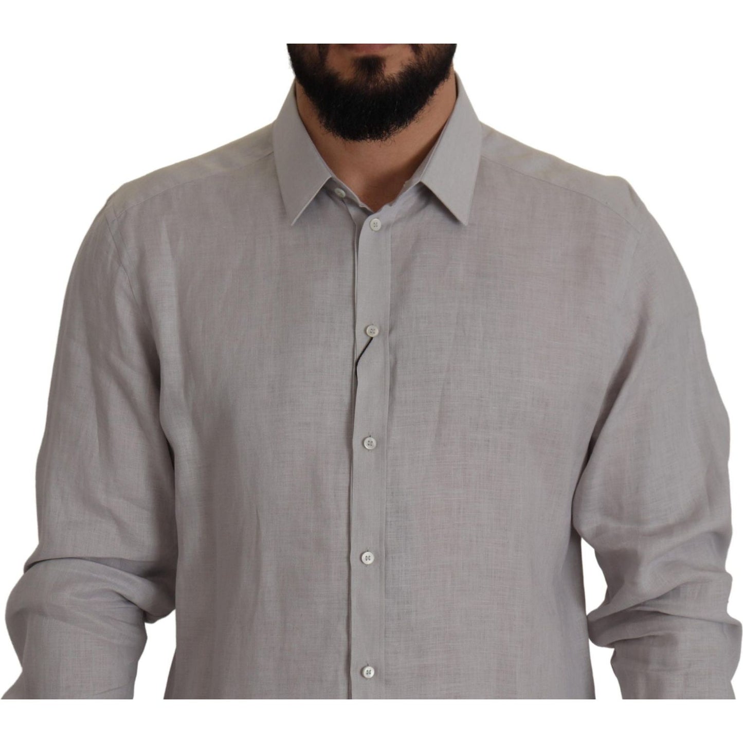 Dolce & Gabbana Gray Linen Long Sleeves Formal GOLD Shirt TSH7992- 43