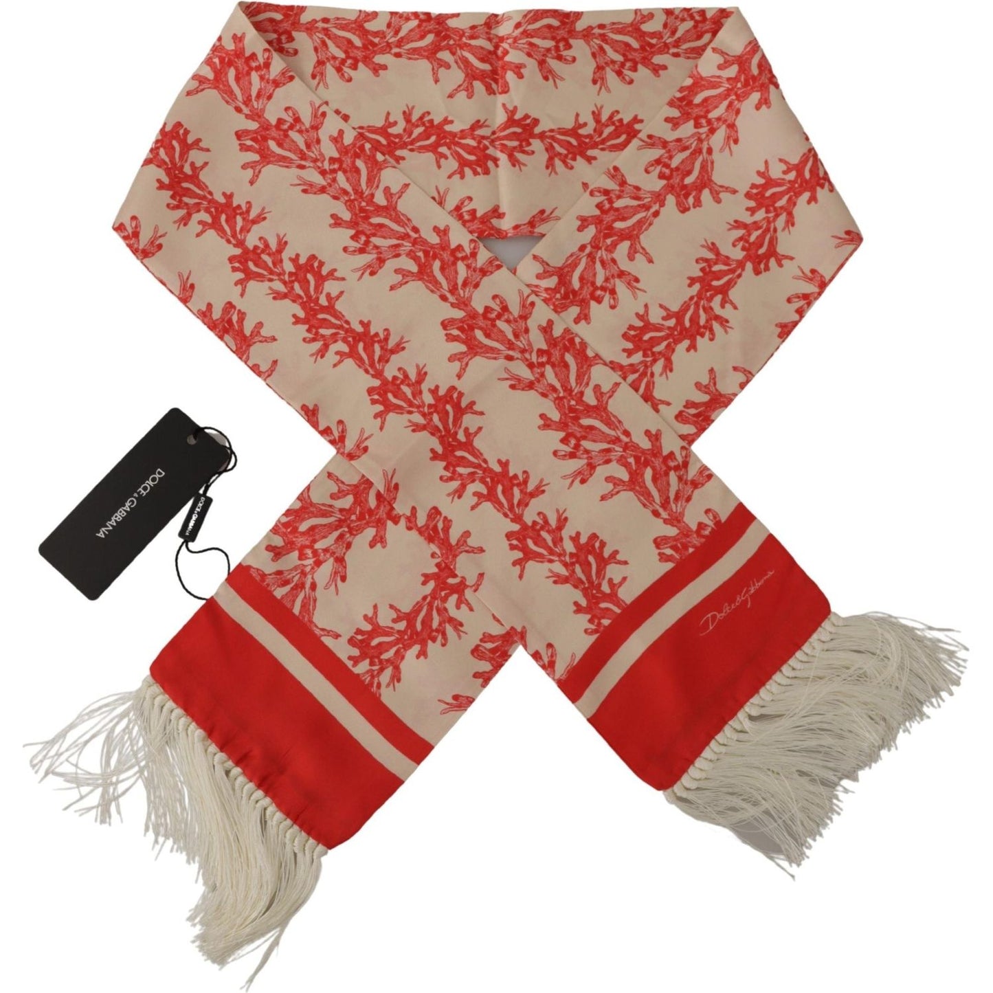 Dolce & Gabbana White Red Coral Print Shawl Wrap Fringe Scarf MS6216