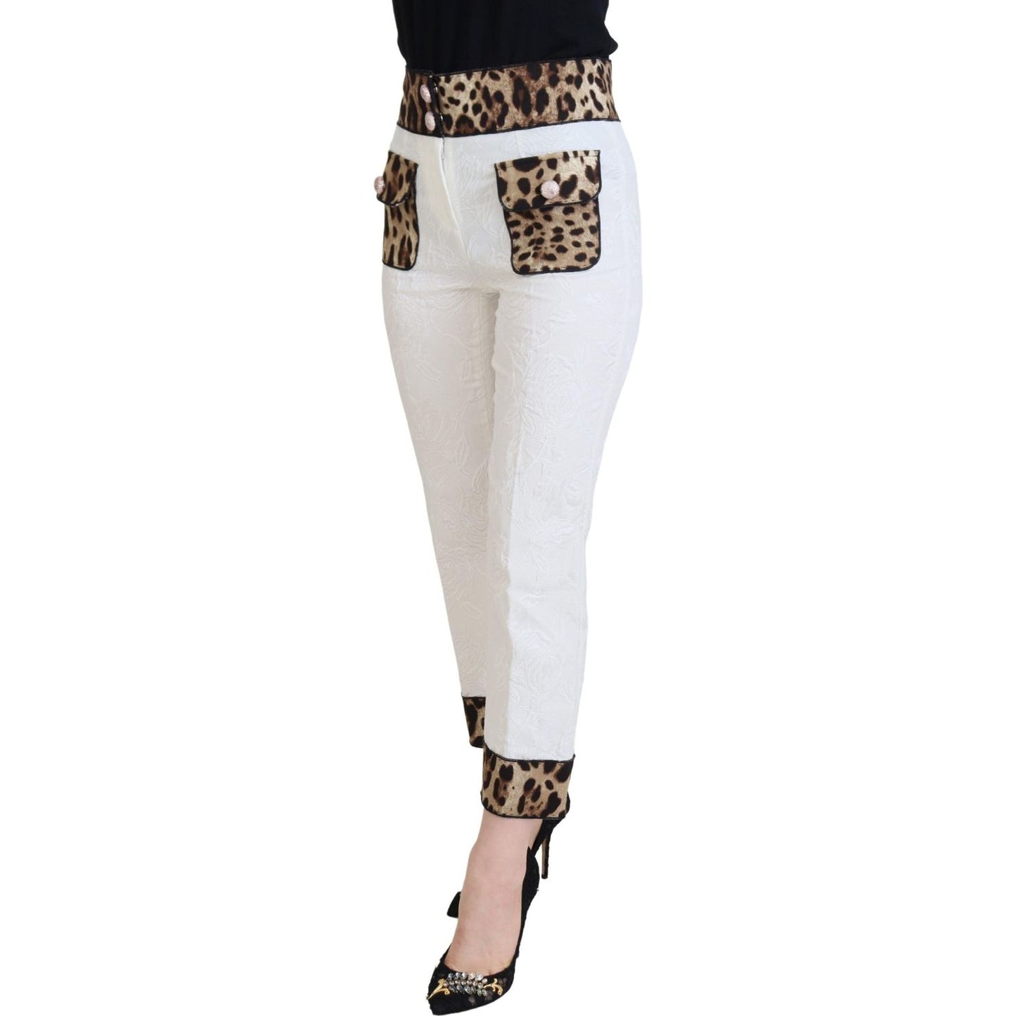 Dolce & Gabbana White Leopard Print High Waist Pants PAN73072 - 36