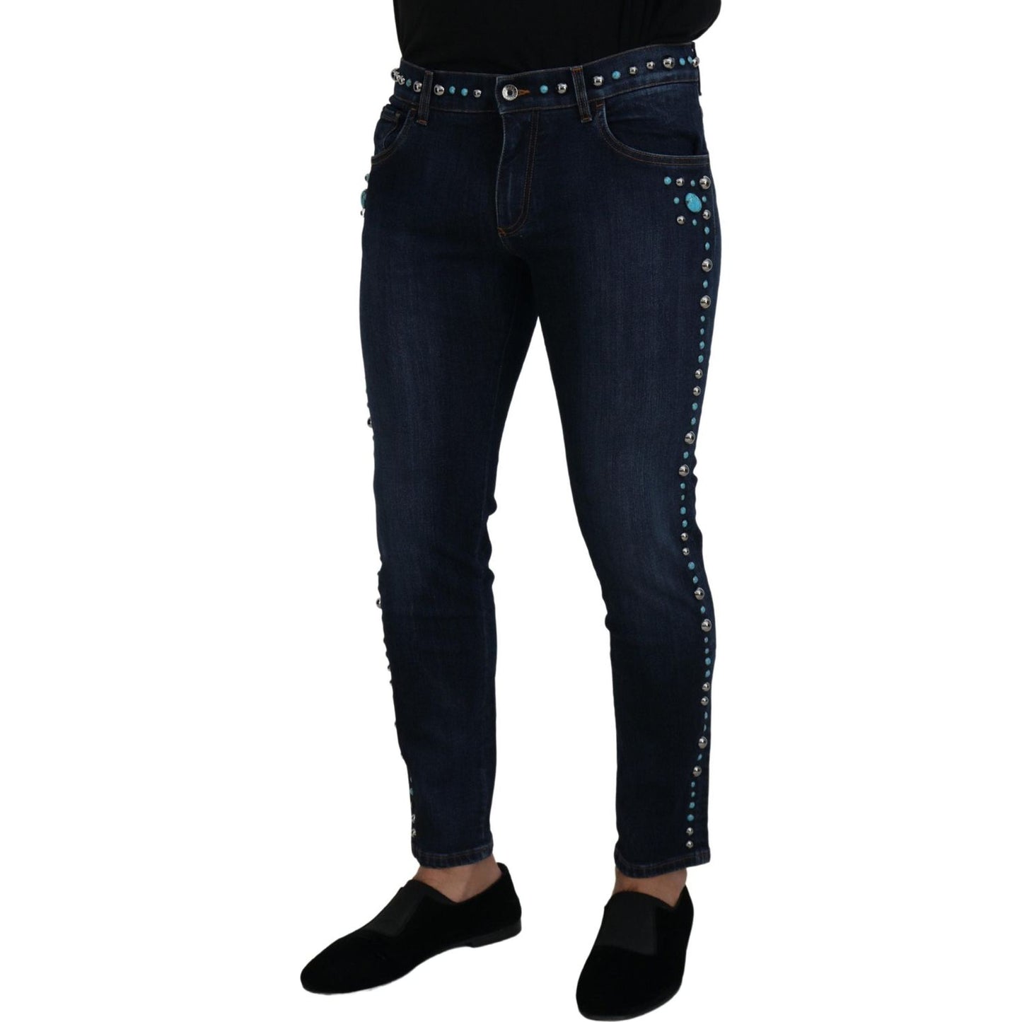 Dolce & Gabbana Blue Cotton Studded Low Waist Denim Jeans PAN73315 - 48