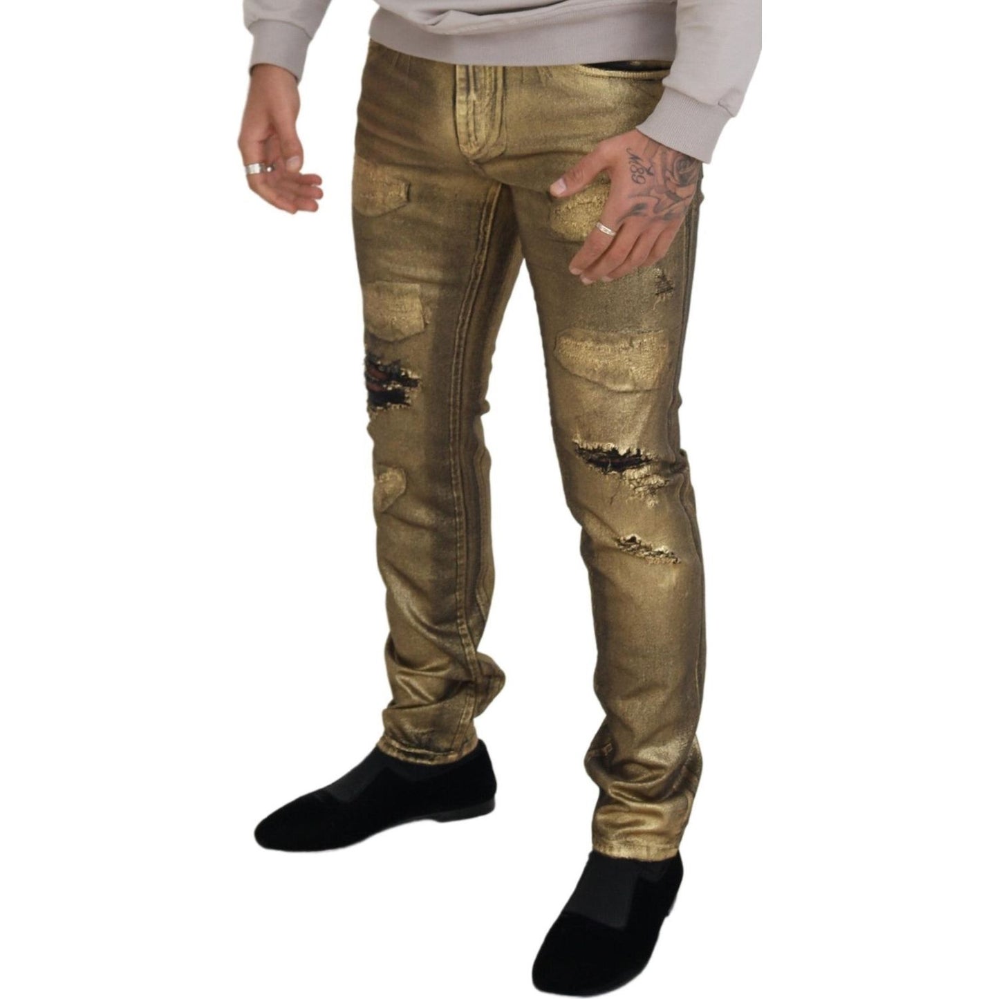 Dolce & Gabbana Gold Cotton Tattered Skinny Men Denim Jeans PAN74266 - 50