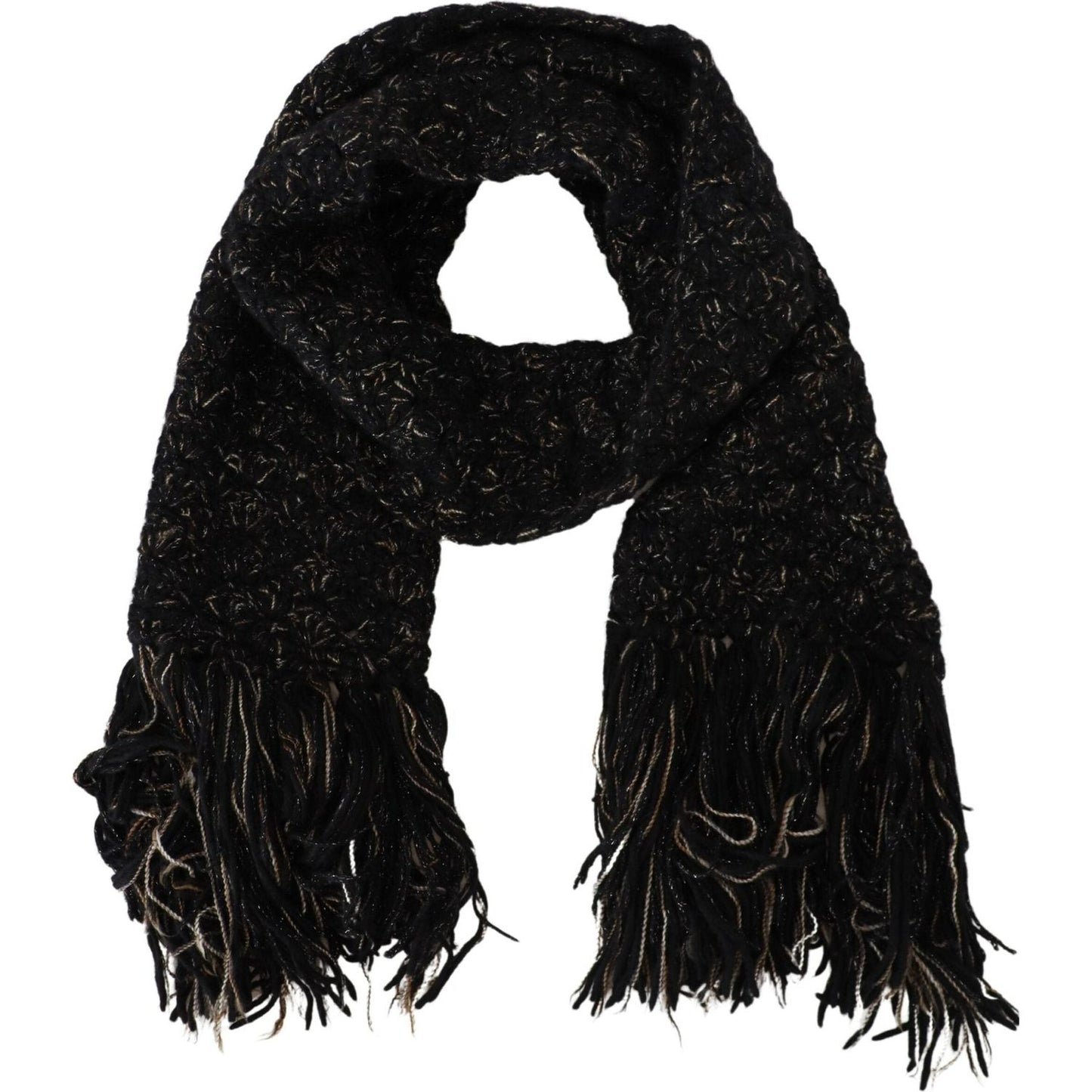 Dolce & Gabbana Black Wool Knitted Wrap Foulard Fringe Scarf