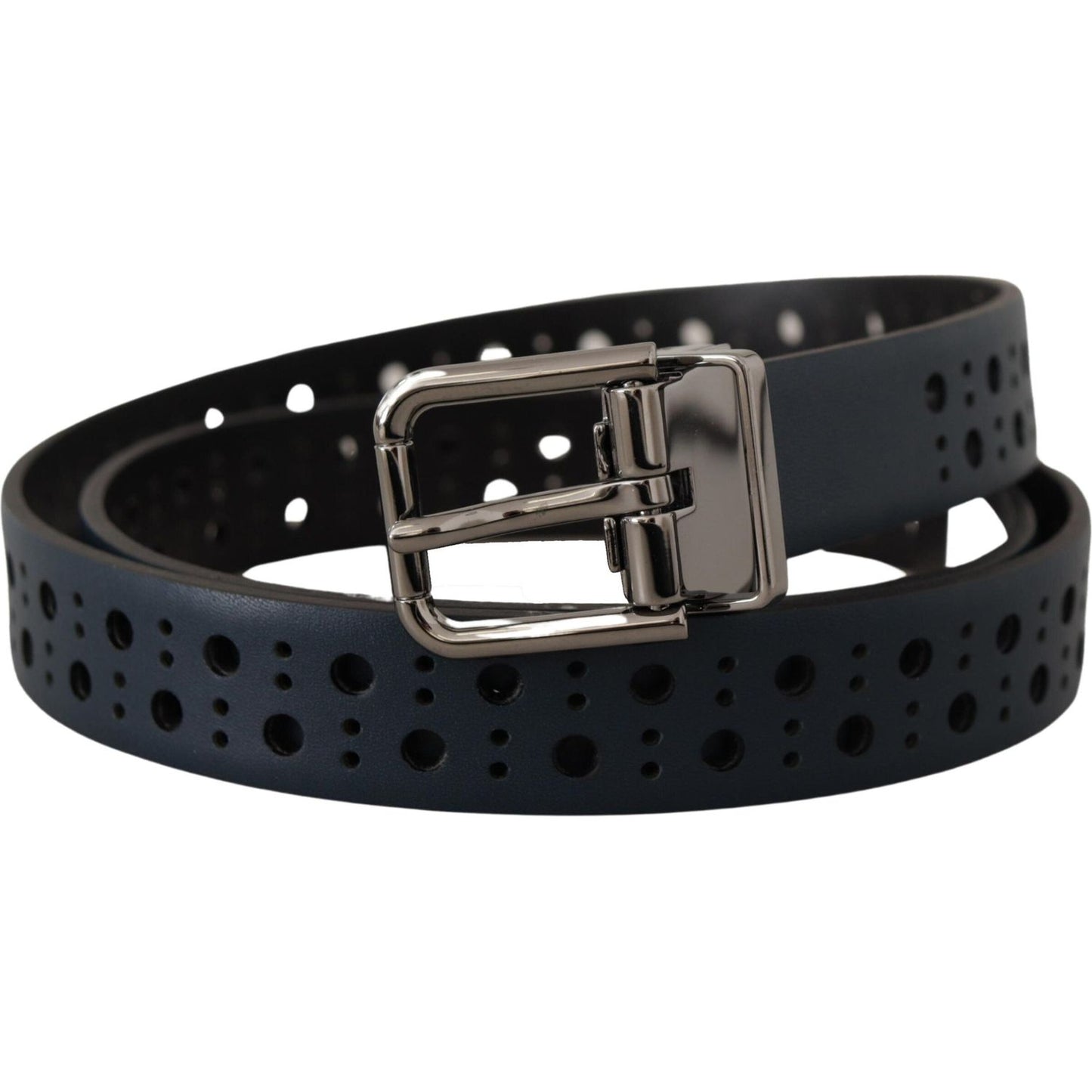 Dolce & Gabbana Navy Blue Perforated Leather Skinny Metal Buckle Belt BEL8478- 90