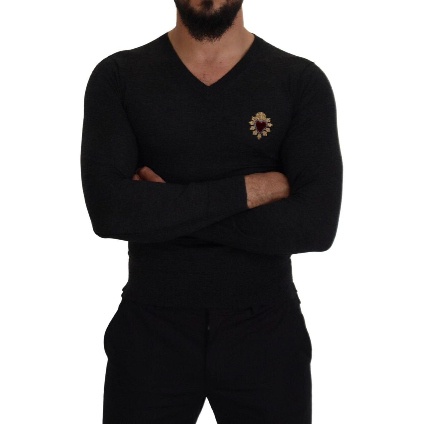 Dolce & Gabbana Gray Cashmere V-neck Gold Heart Sweater TSH83627- 44