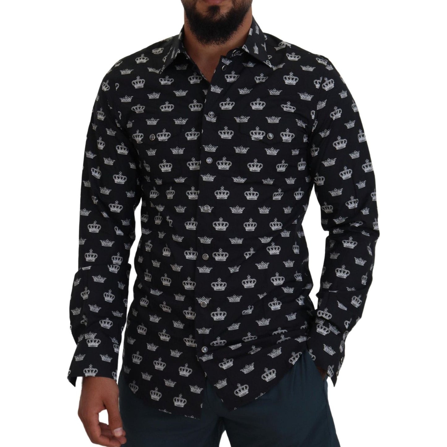Dolce & Gabbana Black Crown Print GOLD Slim Shirt TSH83660-39