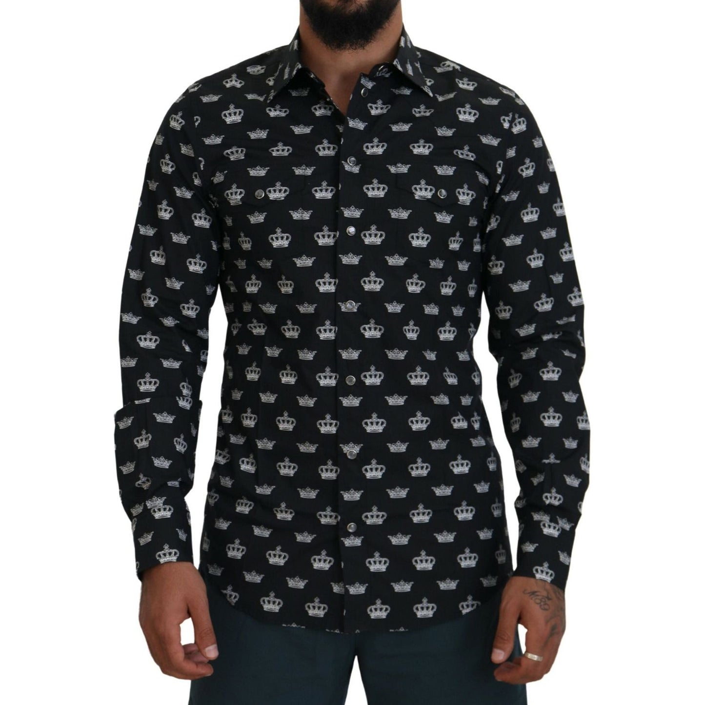 Dolce & Gabbana Black Crown Print GOLD Slim Shirt TSH83660-39