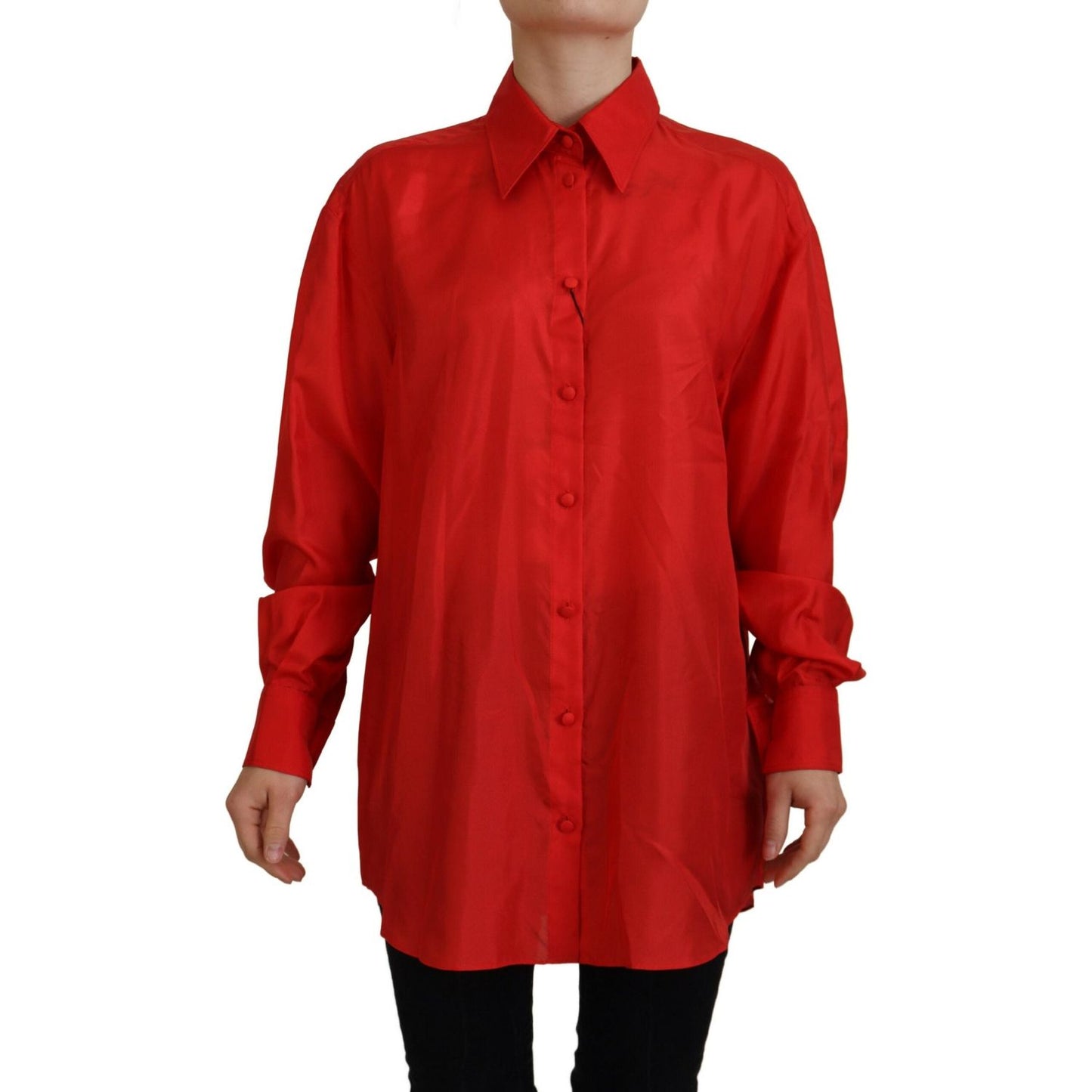 Dolce & Gabbana Red Silk Collared Long Sleeves Dress Shirt Top