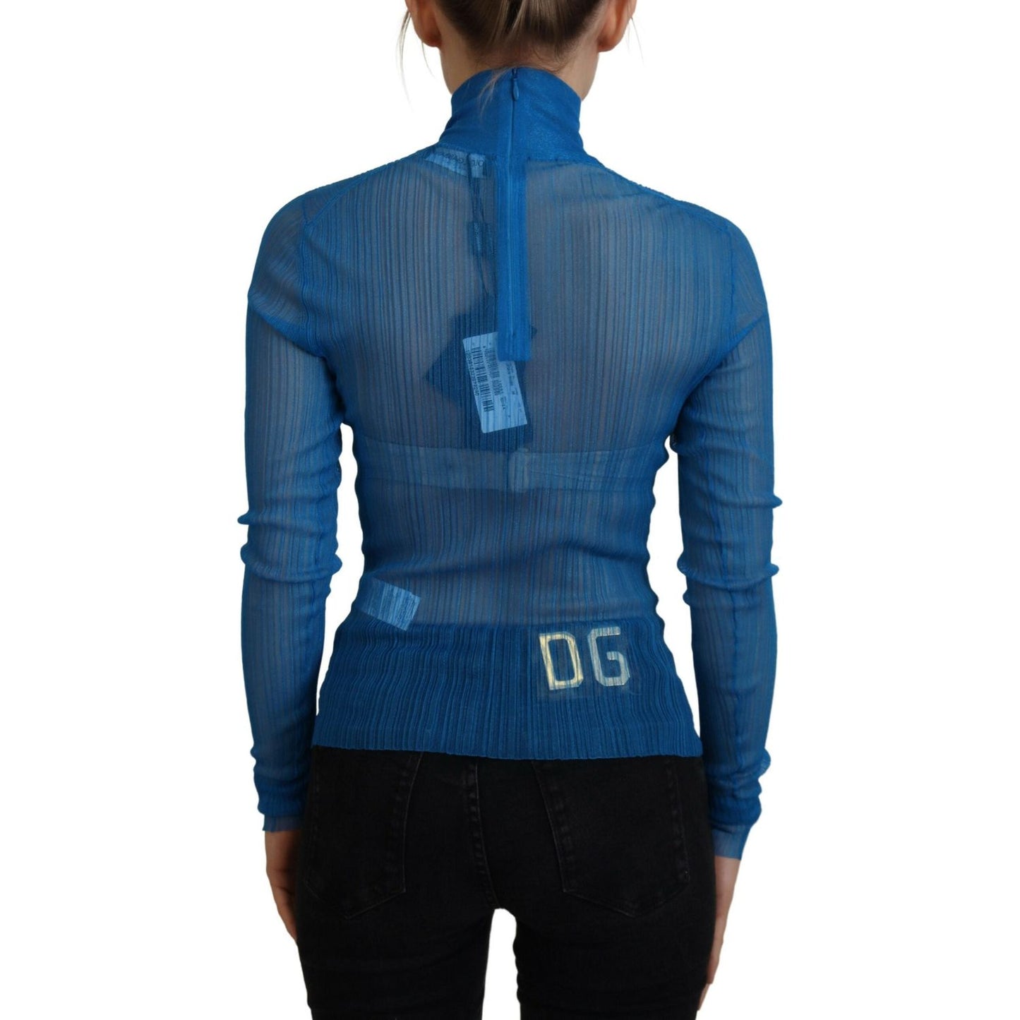 Dolce & Gabbana Blue Mesh Turtleneck Long Sleeve Blouse Top TSH83712-38