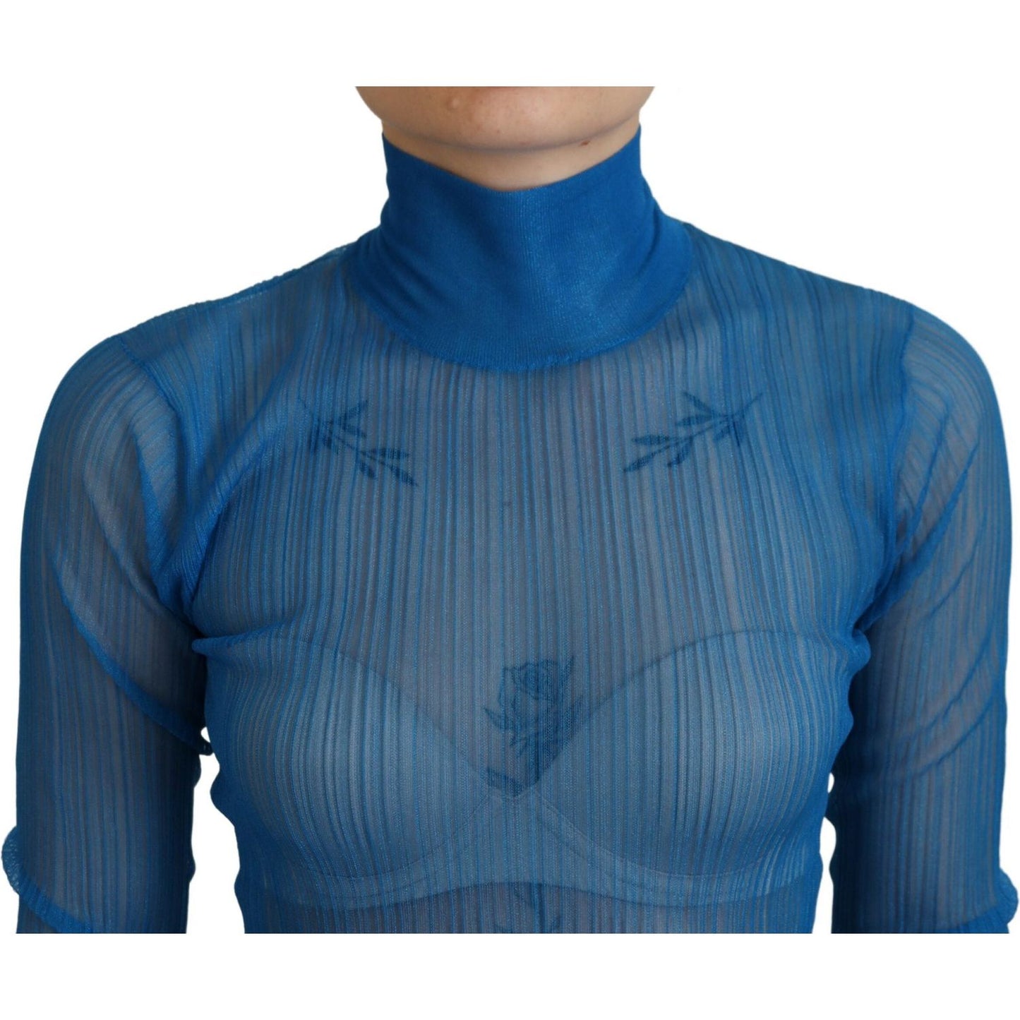 Dolce & Gabbana Blue Mesh Turtleneck Long Sleeve Blouse Top TSH83712-38