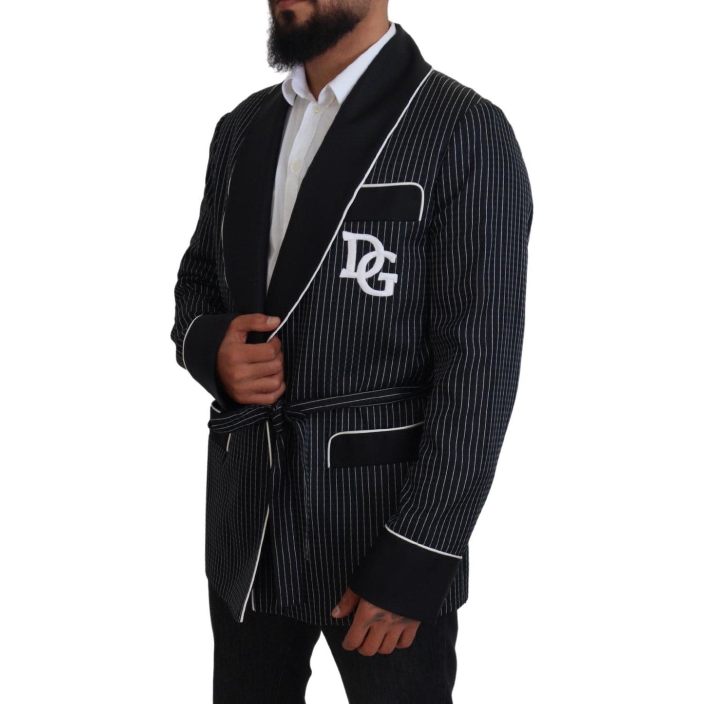 Dolce & Gabbana Black Robe Striped DG Patch Jacket Men Blazer JKT3620-46