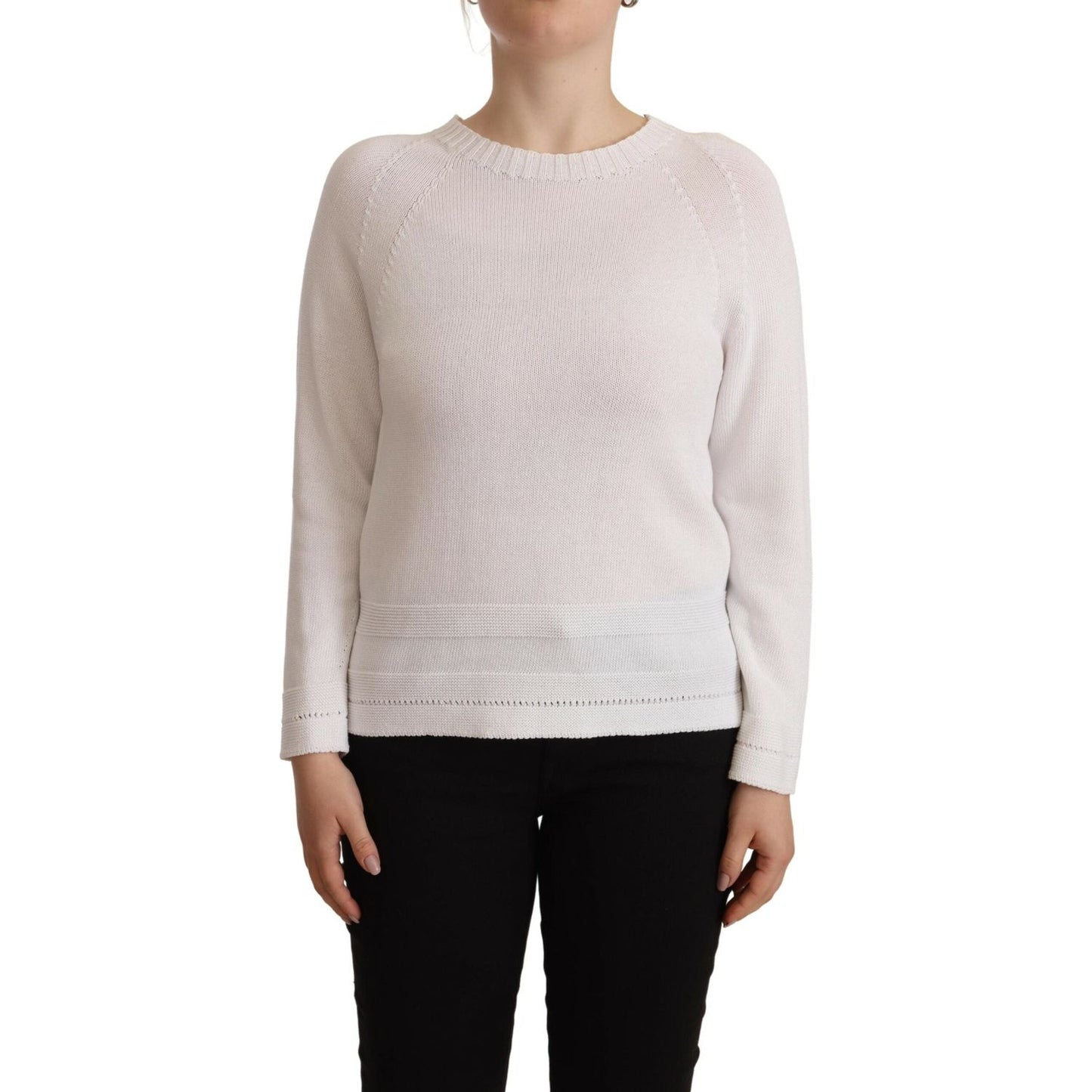 Alpha Studio White Long Sleeves Crewneck Pullover Sweater TSH7301-40