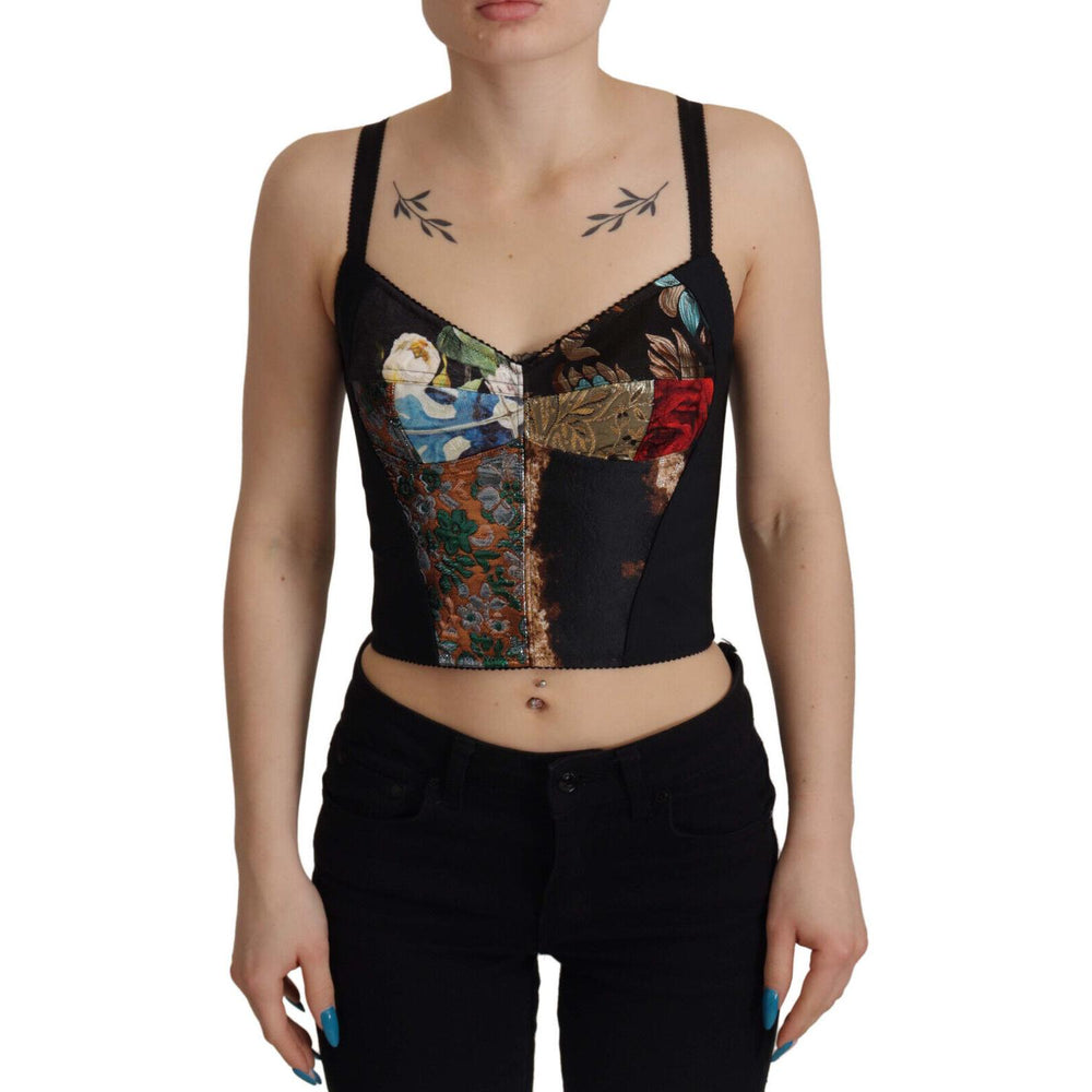 Dolce & Gabbana Black Patchwork Sicily Blouse Corset Cropped Top TSH8005-36