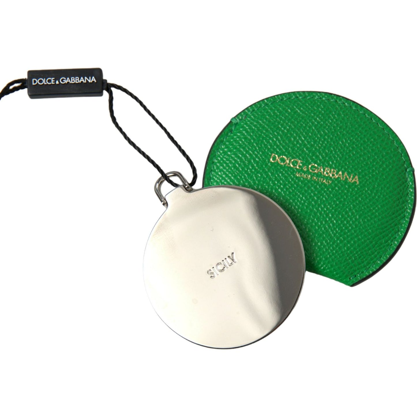 Dolce & Gabbana Green Calfskin Leather Round Logo Hand Mirror Holder SMY101209