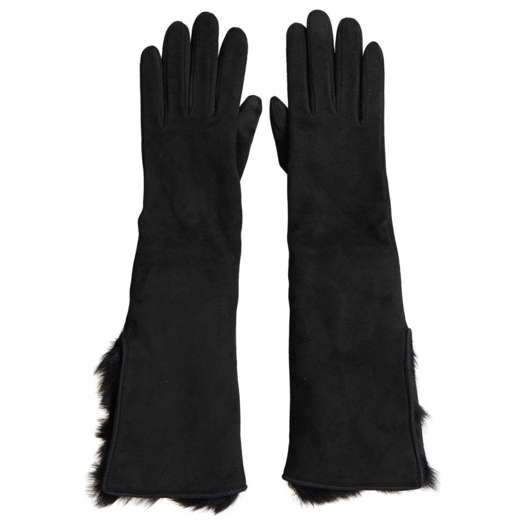 Dolce & Gabbana Black Leather Fur Elbow Length Gloves LB30106-7