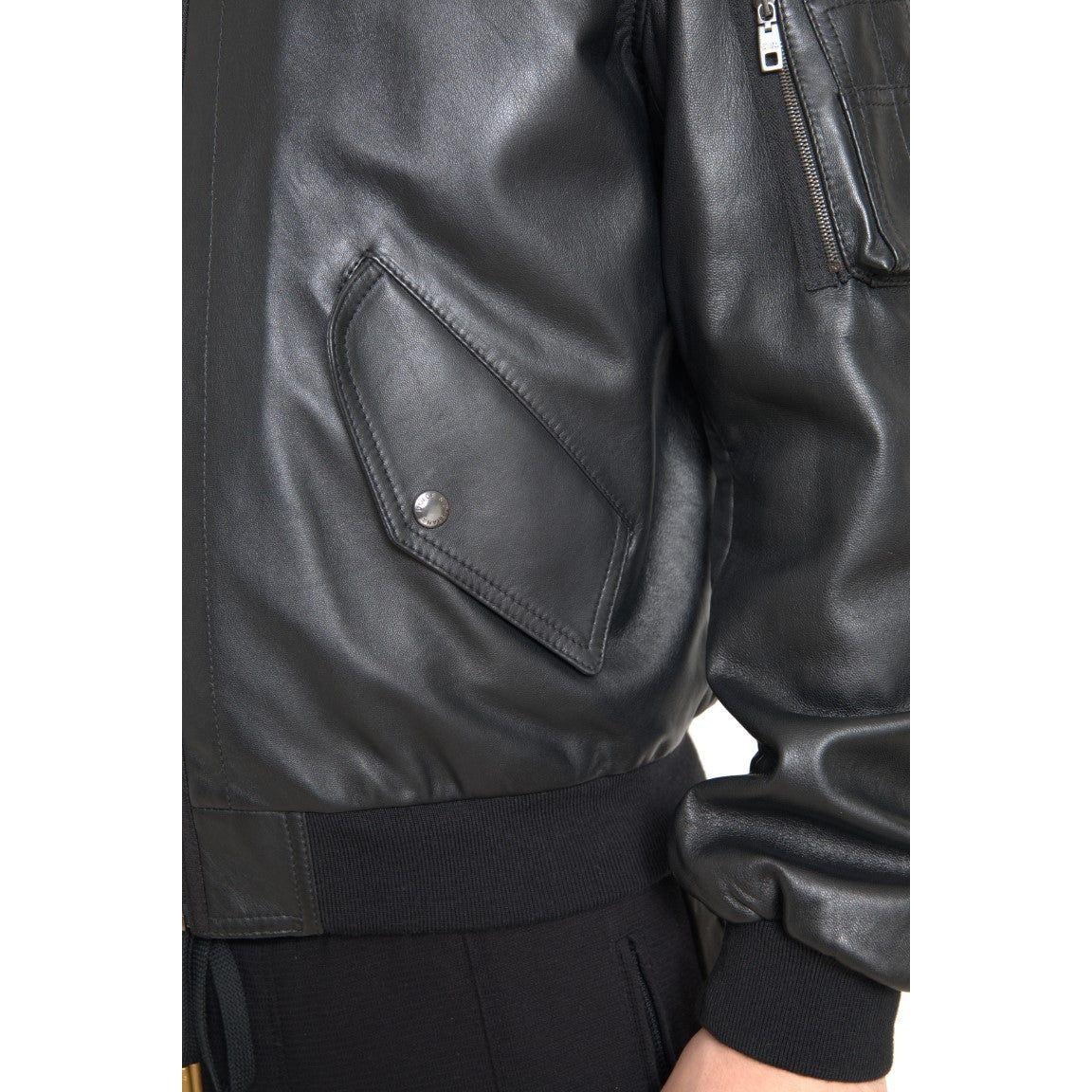 Dolce & Gabbana Black Leather Blouson Full Zip Bomber Jacket JKT3659-44