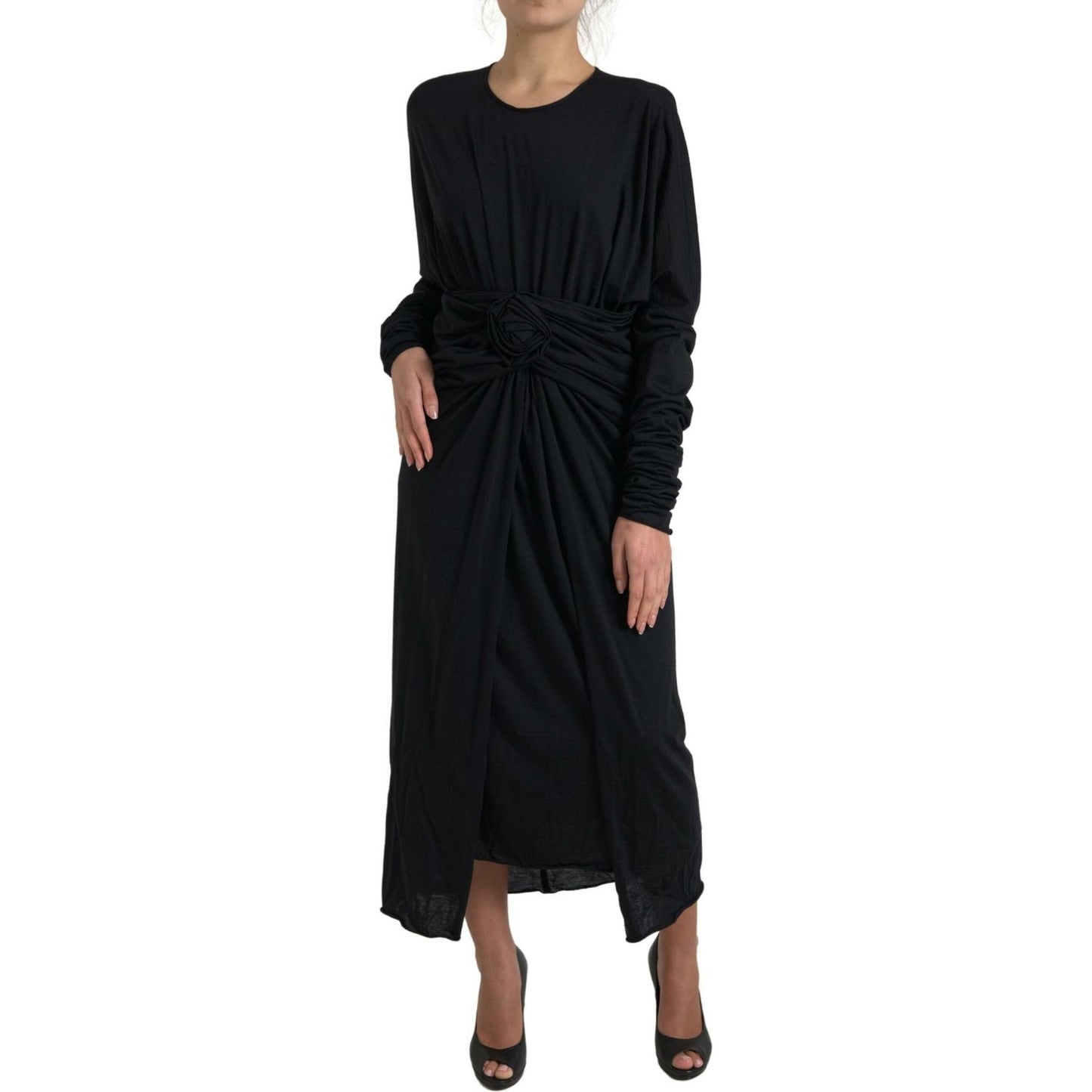 Dolce & Gabbana Black Wool Wrap Sheath Midi Gown Dress DR28895-44