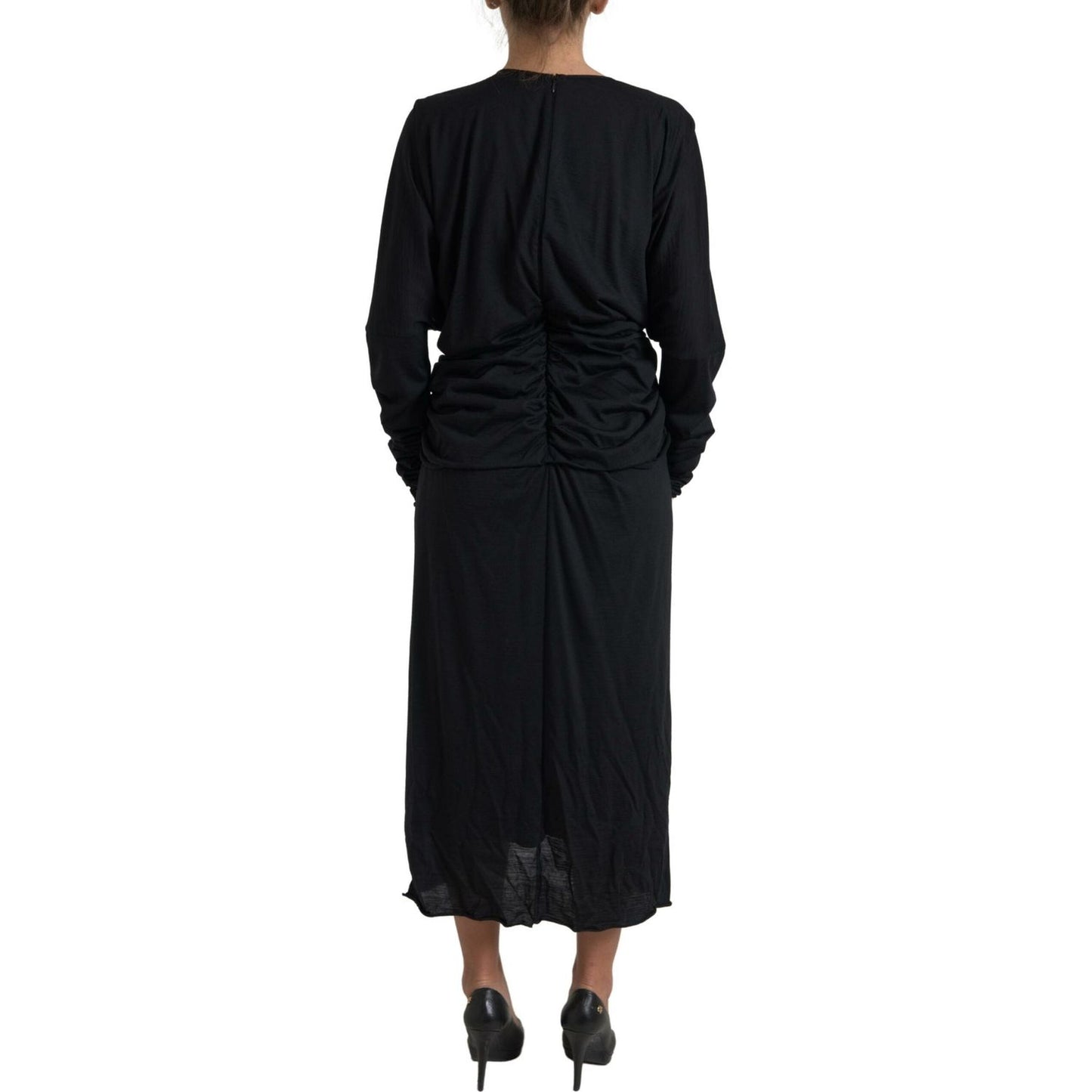 Dolce & Gabbana Black Wool Wrap Sheath Midi Gown Dress DR28895-44
