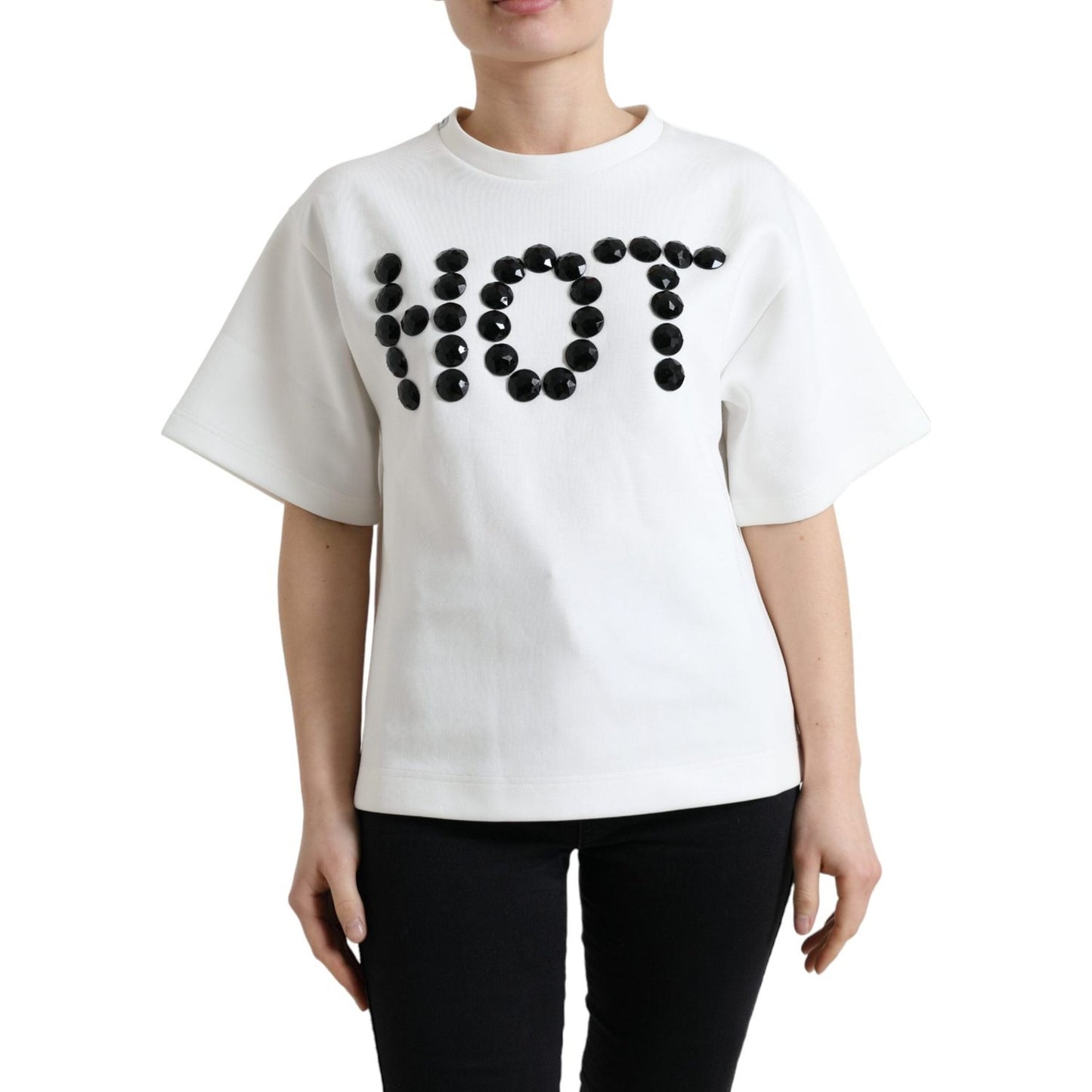 Dolce & Gabbana T-shirt White Cotton Stretch Black HOT Crystal TSH84216-36