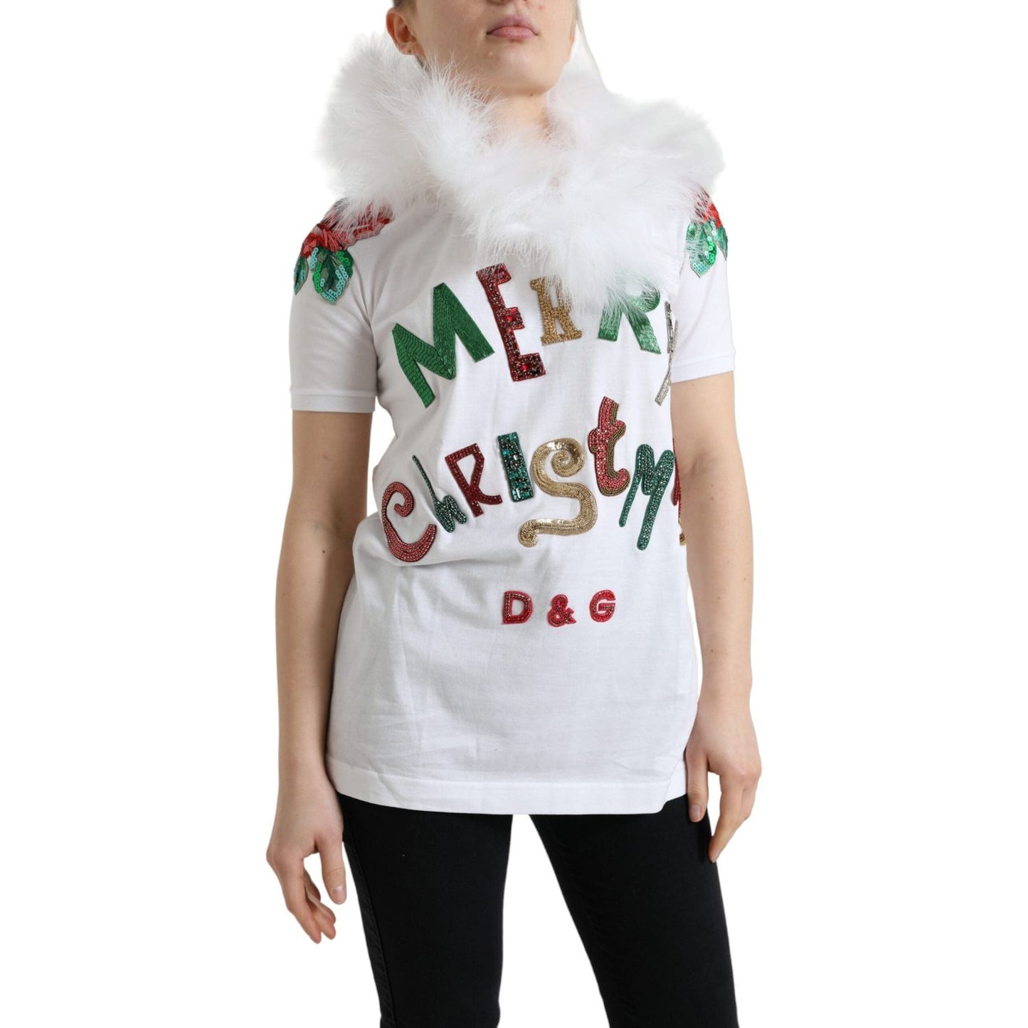 Dolce & Gabbana White Cotton Christmas Sequin Fur T-shirt TSH84218-36