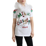 Dolce & Gabbana White Cotton Christmas Sequin Fur T-shirt TSH84218-36