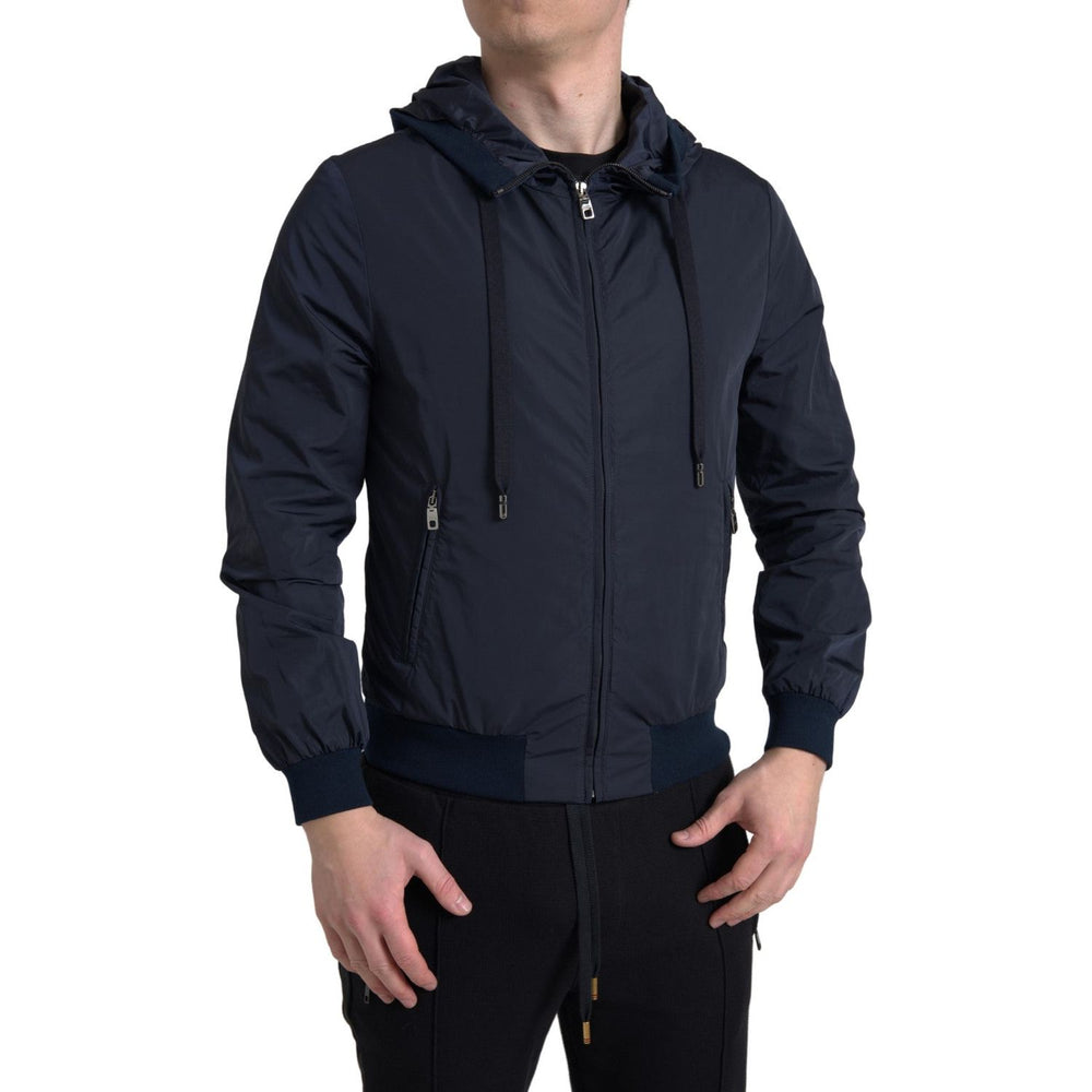 Dolce & Gabbana Blue Hooded Logo Polyester Full Zip Sweater JKT3677-46