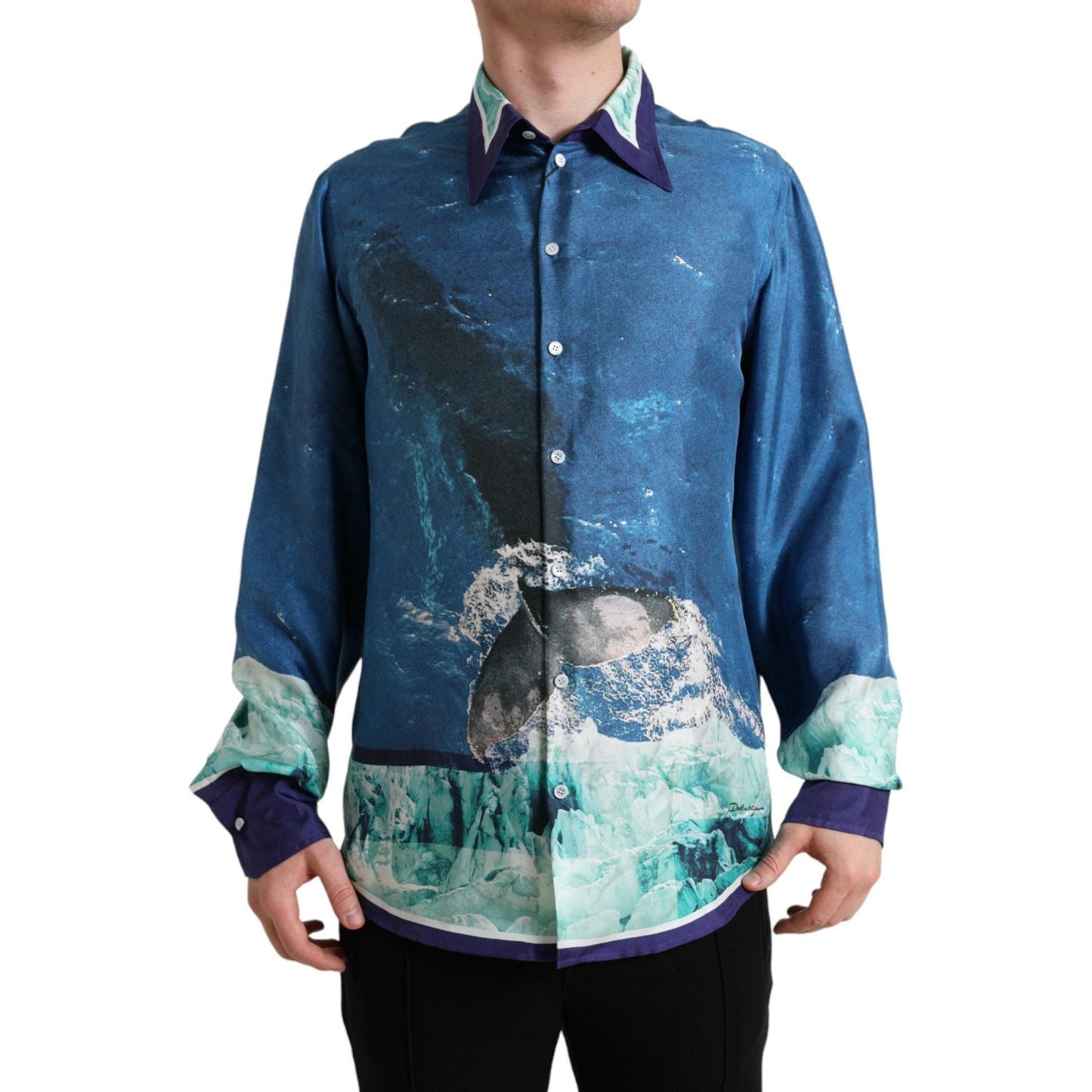Dolce & Gabbana Blue Ocean Print Silk Collared Button Down Shirt TSH84736-42