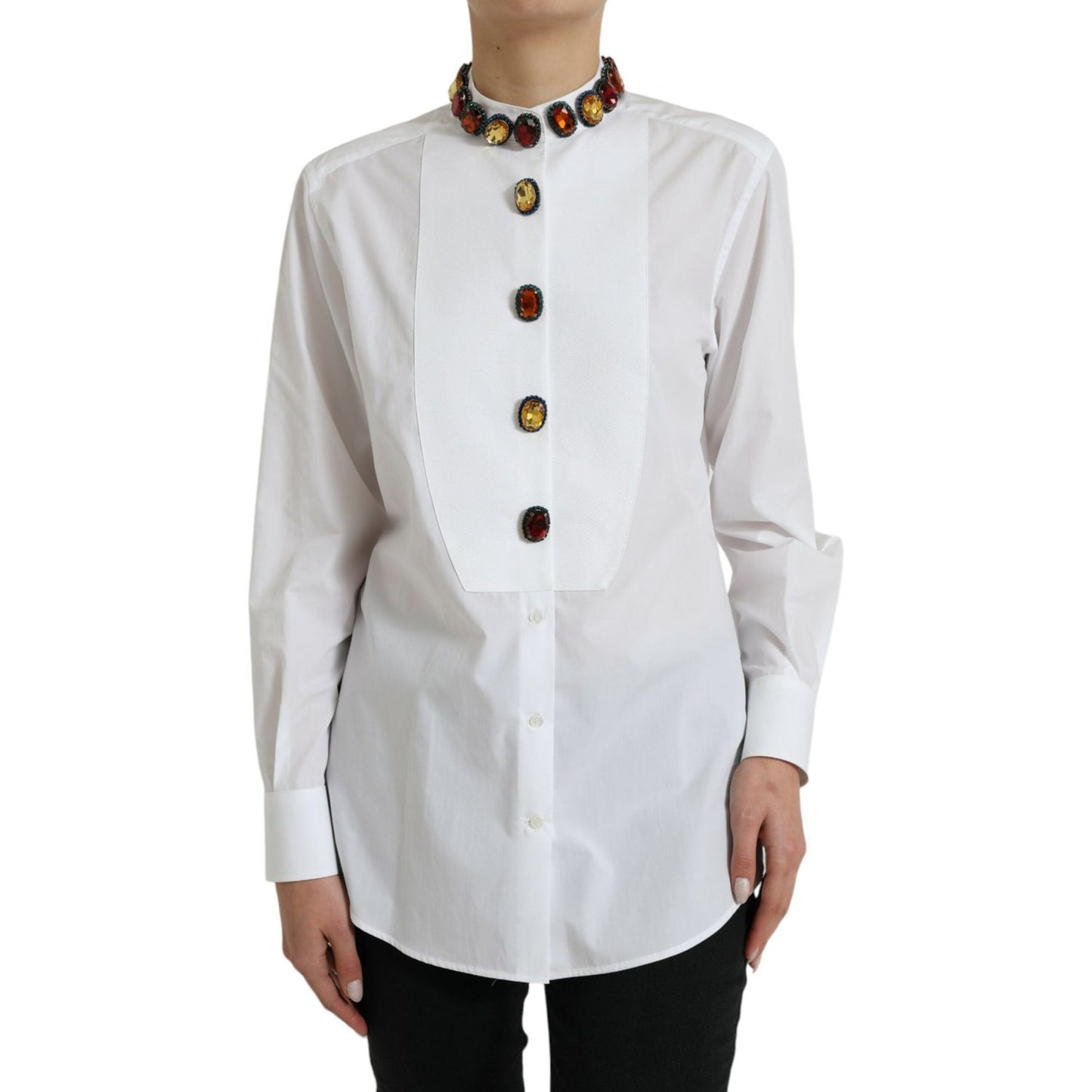 Dolce & Gabbana White Cotton Crystals Embellished Shirt Top TSH84225-40