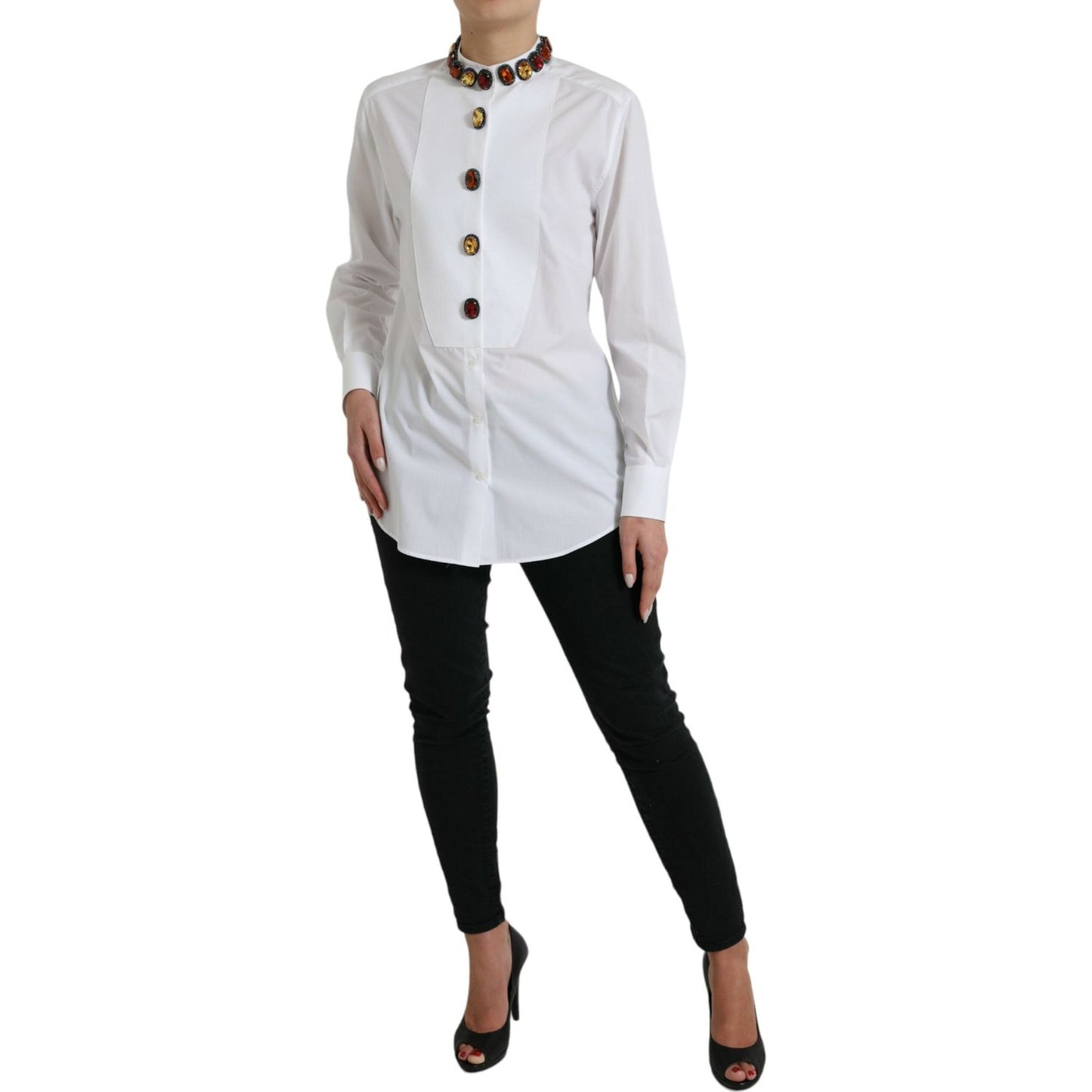 Dolce & Gabbana White Cotton Crystals Embellished Shirt Top TSH84225-40