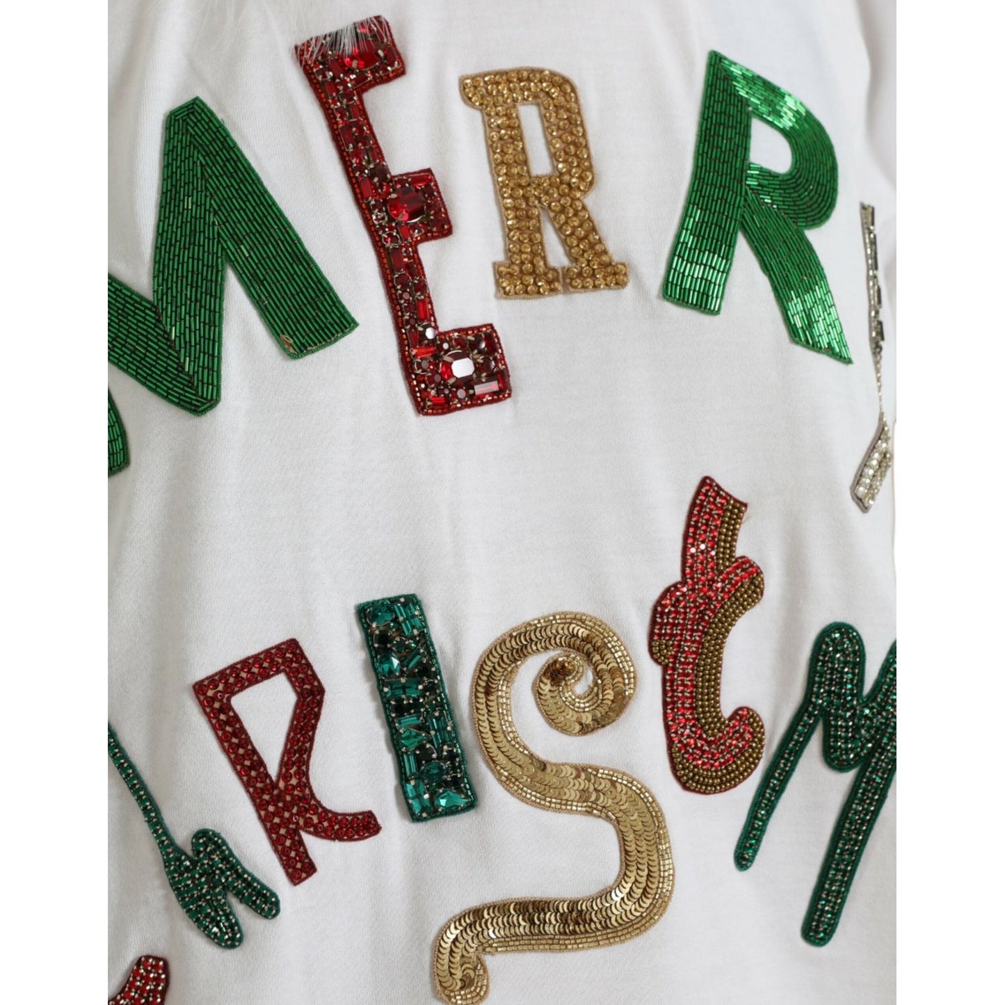 Dolce & Gabbana White Cotton Christmas Sequin Fur T-shirt TSH84529-38