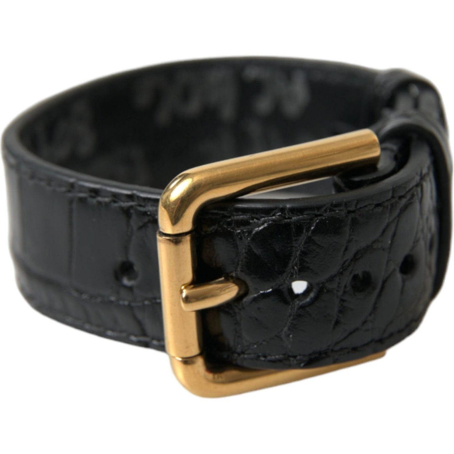 Dolce & Gabbana Black Textured Leather Gold Tone Metal Buckle Armband SMY101279