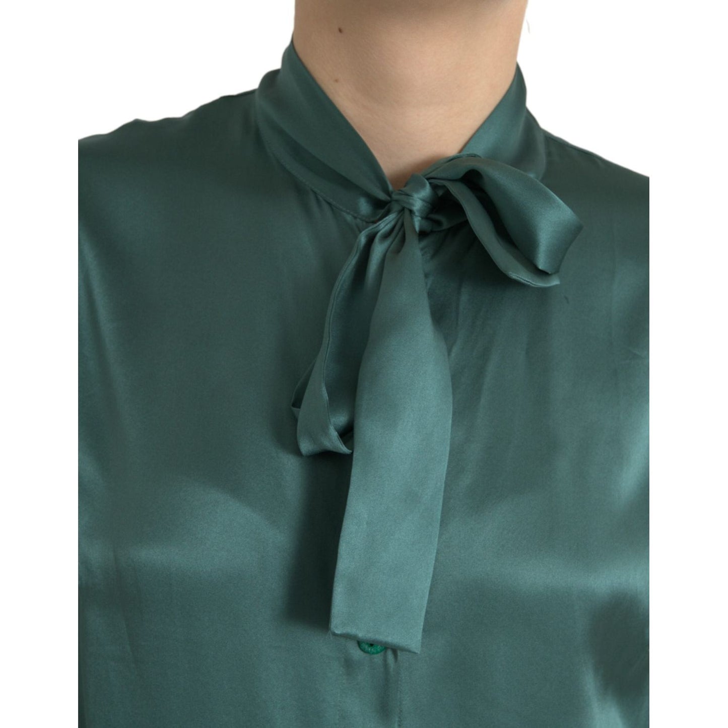 Dolce & Gabbana Dark Green Silk Ascot Collar Blouse Top TSH84794-46