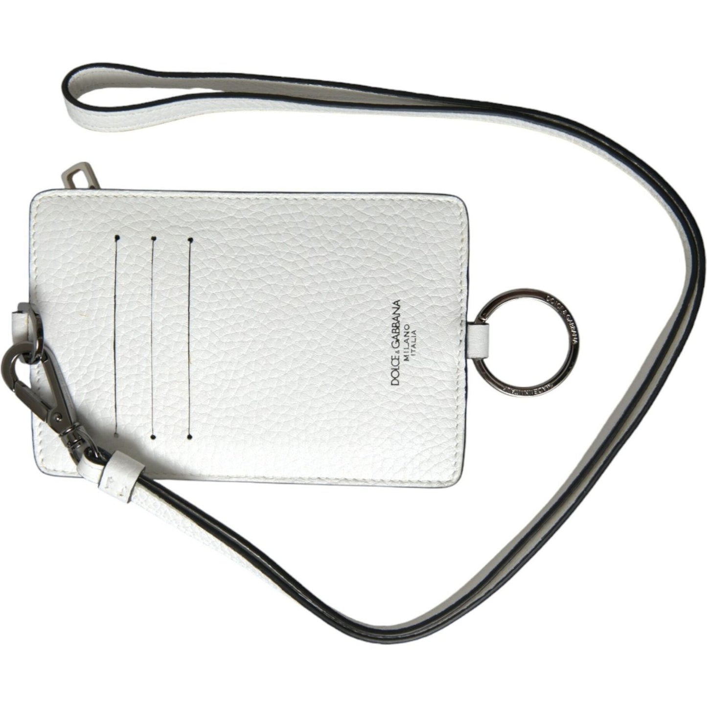 Dolce & Gabbana White Calf Leather Lanyard Logo Card Holder Wallet SMY101288