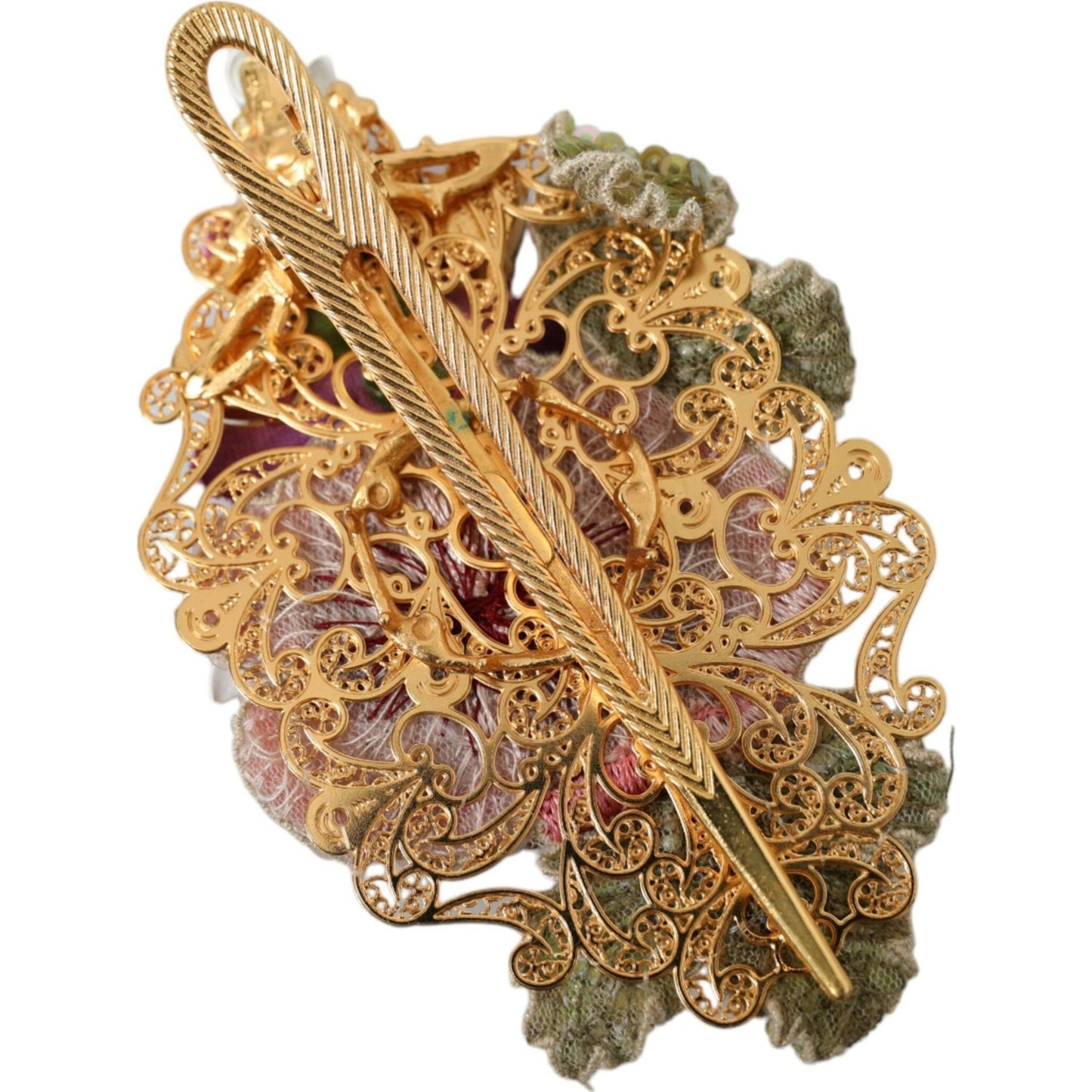 Dolce & Gabbana Gold Brass Floral Crystal Sequined Hair Clip SMY101433