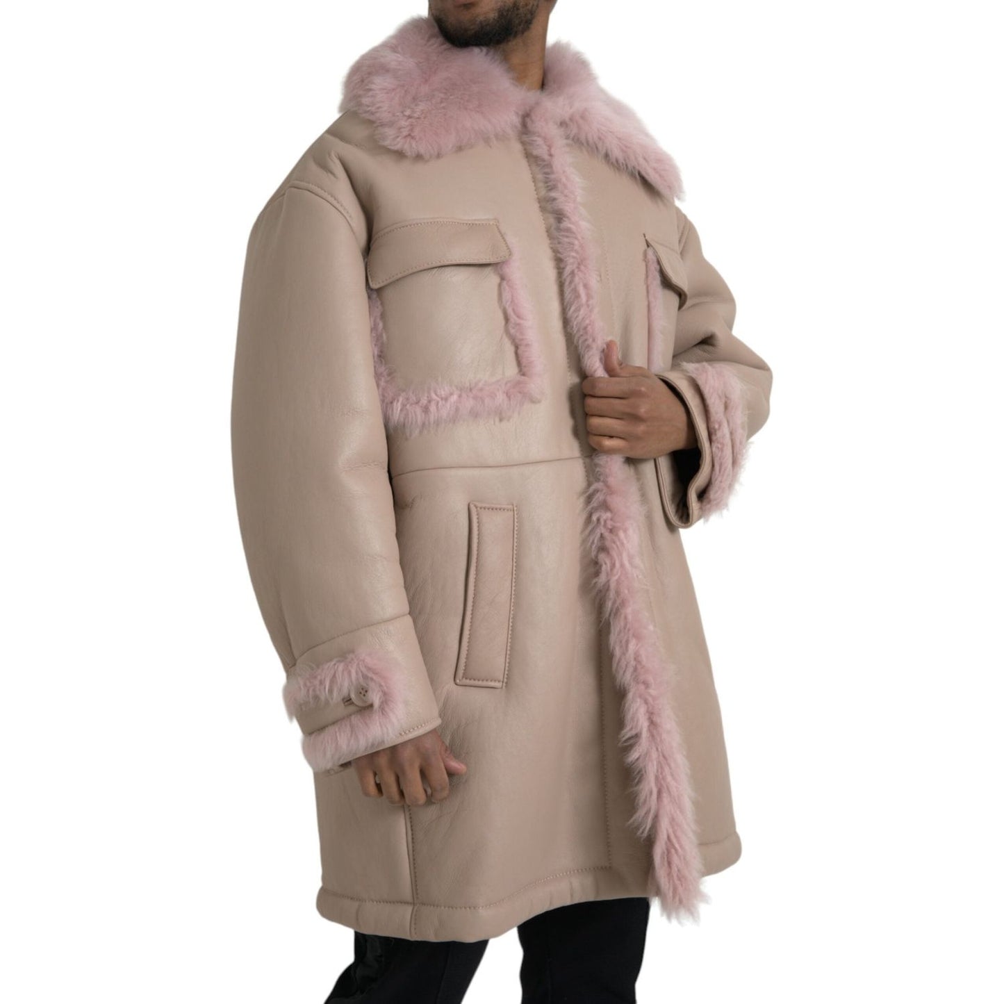 Dolce & Gabbana Beige Pink Lamb Leather Shearling Coat Jacket JKT3853-52