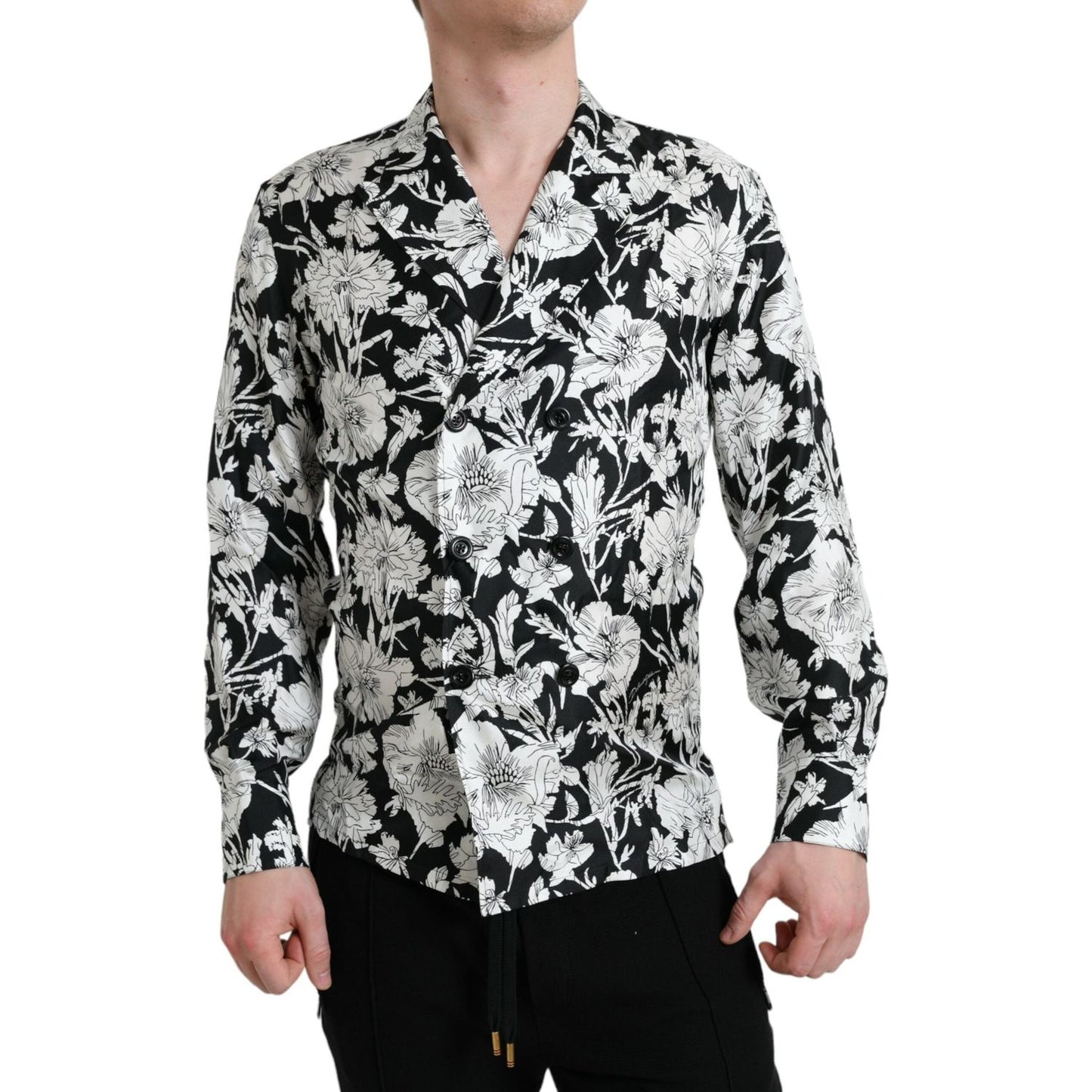 Dolce & Gabbana Black White Floral Button Down Casual Shirt TSH84697-37