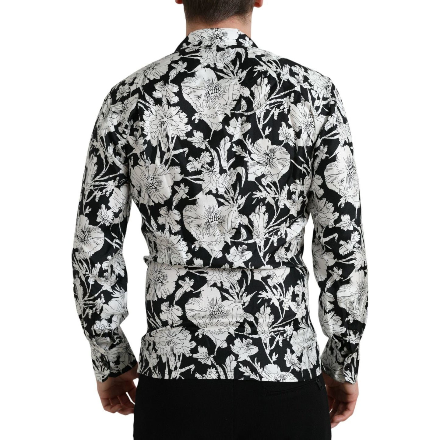 Dolce & Gabbana Black White Floral Button Down Casual Shirt TSH84697-37