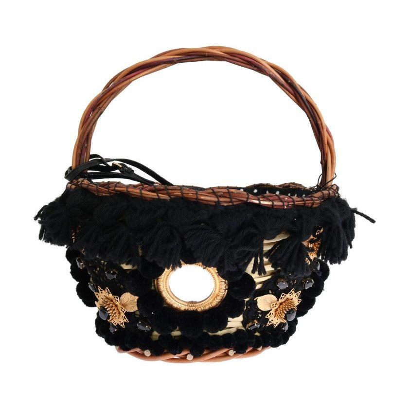 Dolce & Gabbana Beige Straw Snakeskin Pom Pom Crystal AGNESE Bag VAS1258
