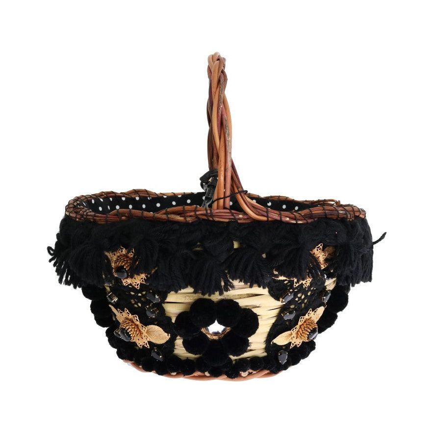 Dolce & Gabbana Beige Straw Snakeskin Pom Pom Crystal AGNESE Bag VAS1258