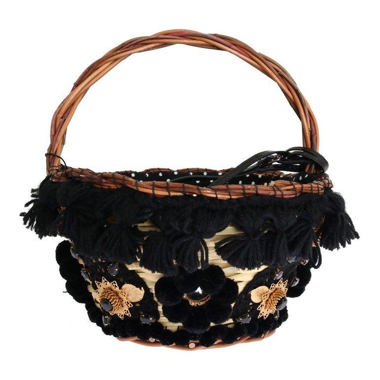 Dolce & Gabbana Beige Straw Snakeskin Pom Pom Crystal AGNESE Bag VAS1258