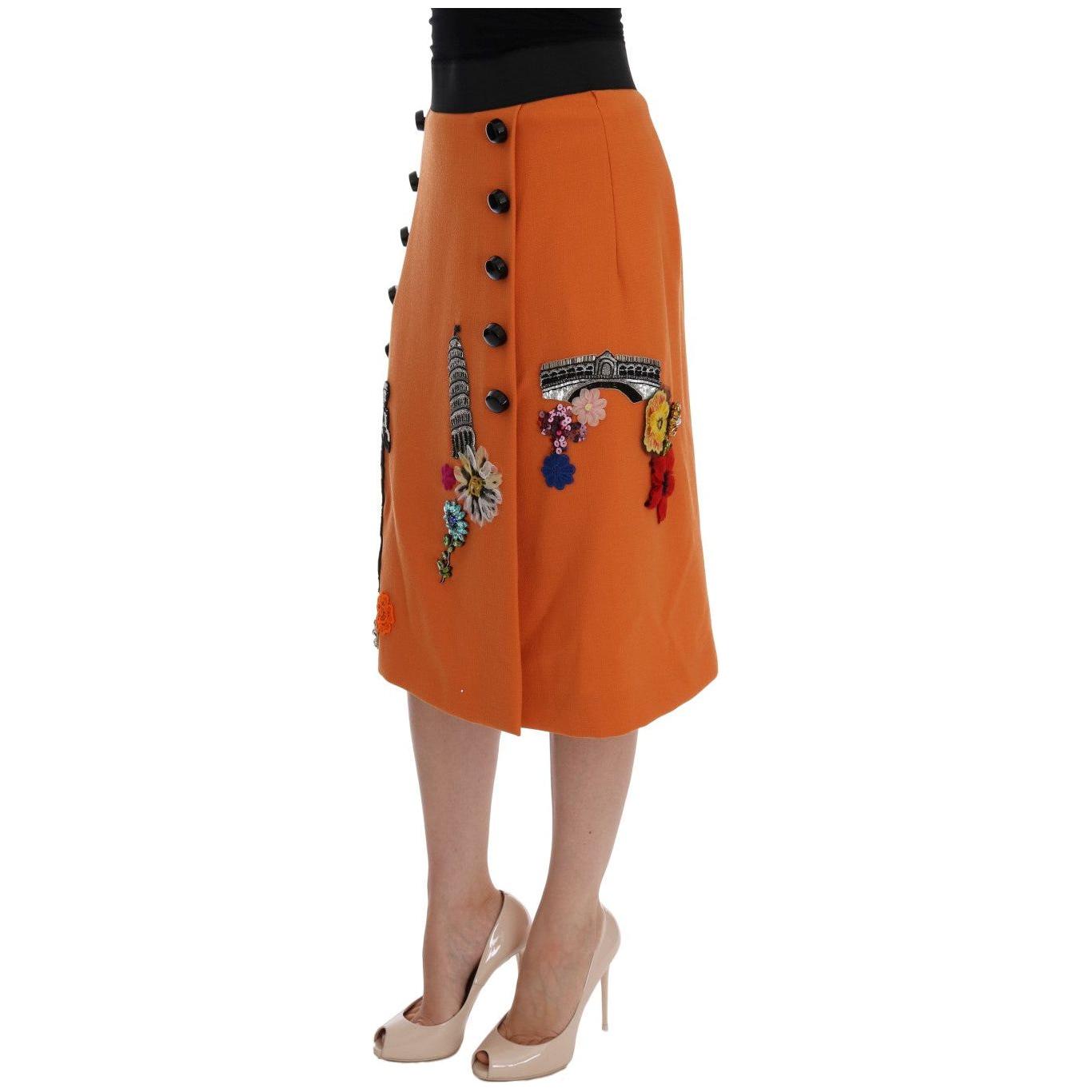 Dolce & Gabbana Orange Wool Crystal Sequin Appliques Skirt SKI1009-3