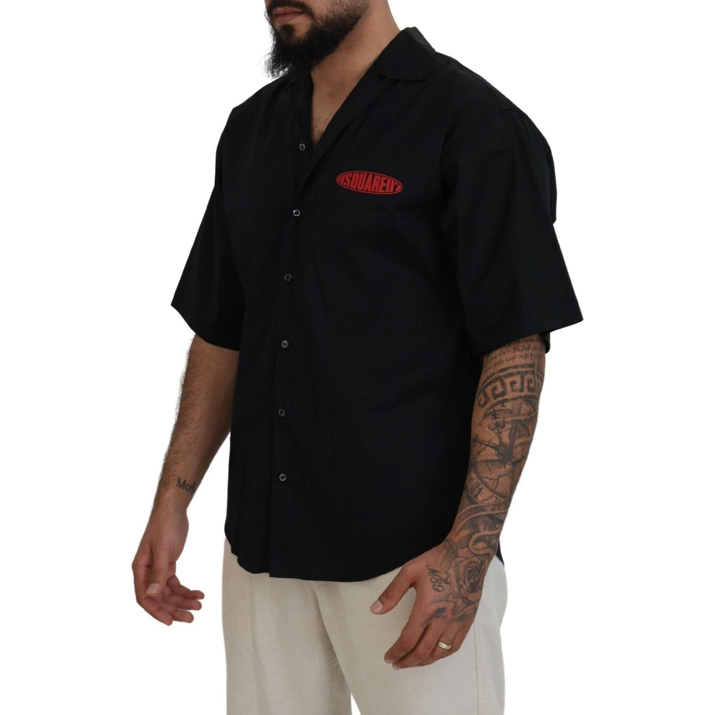 Dsquared² Black Cotton Collared Logo Print Short Sleeve Shirt TSH83548-48