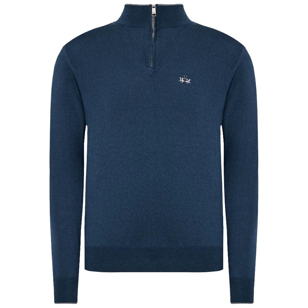 La Martina Blue Wool Men Sweater with Half Zip Closure LA-13107-XXL