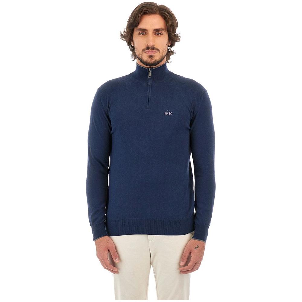 La Martina Blue Wool Men Sweater with Half Zip Closure LA-13107-XXL