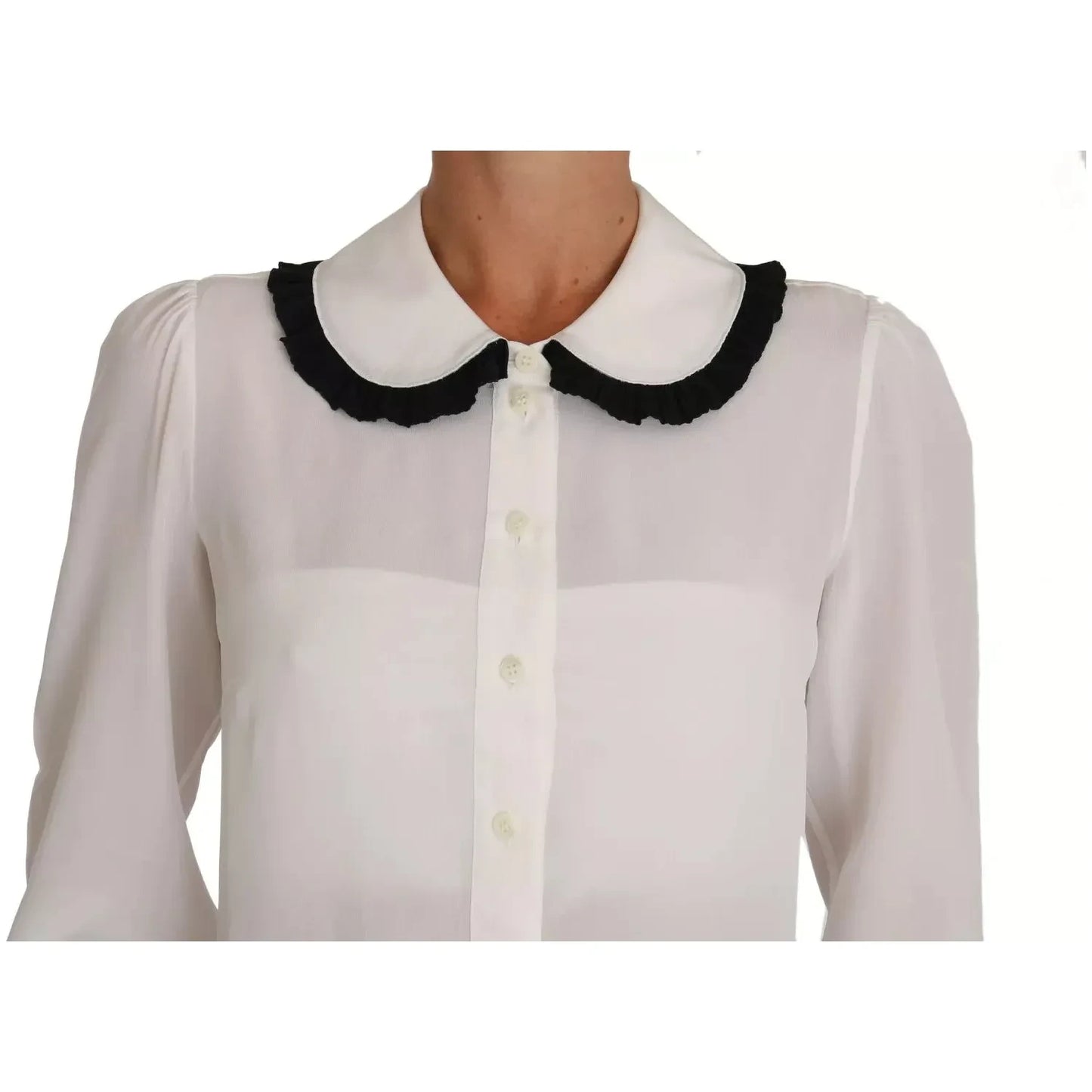 Dolce & Gabbana White Silk Shirt Ruffle Rouded Collar Blouse TSH2739
